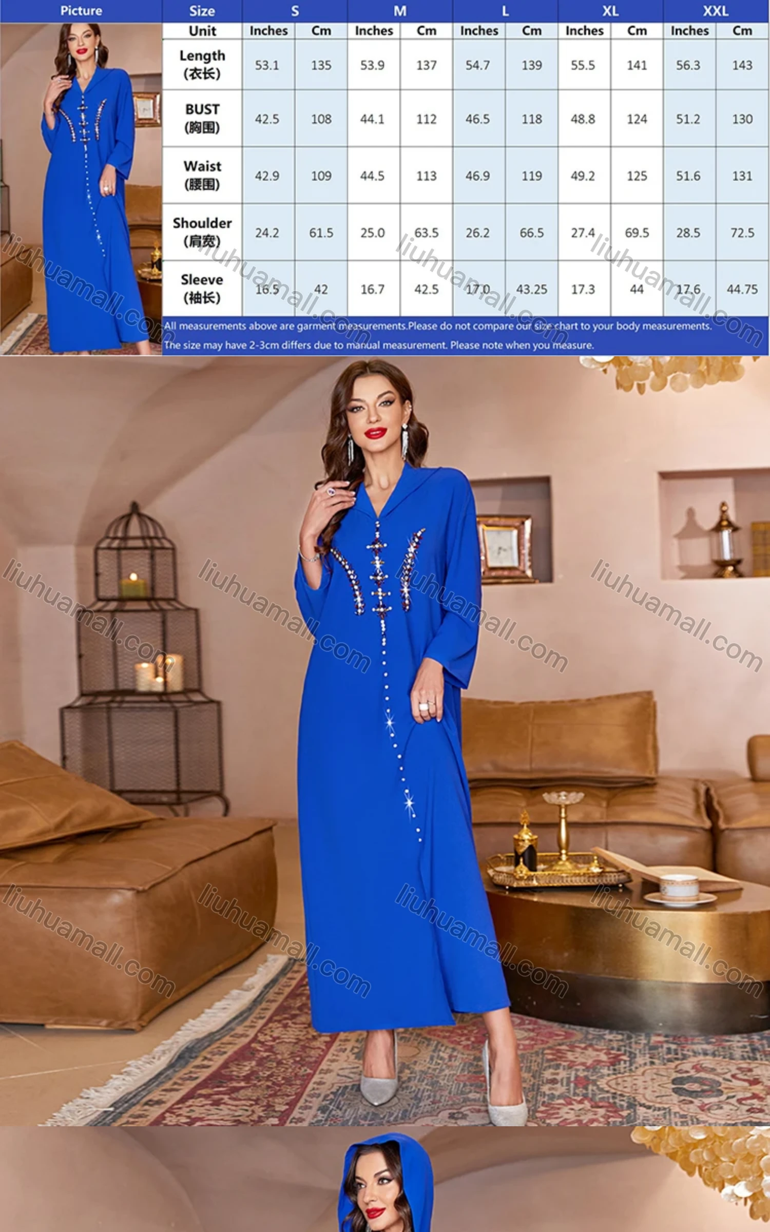 Wholesale Women's Elegant Muslim Islamic Hooded Plain Split Front Rhinestone Maxi Robe Abaya Dress A820# - Liuhuamall