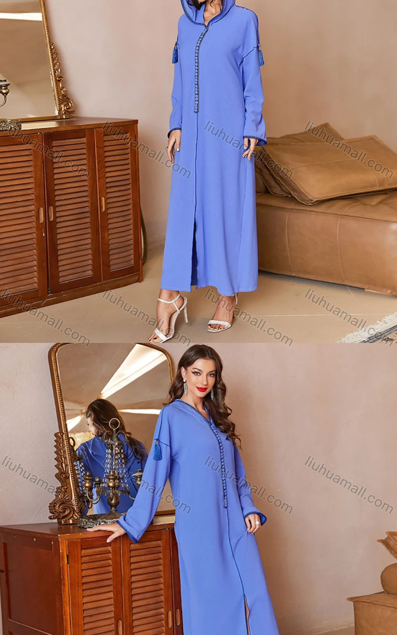 Wholesale Women's Muslim Islamic Elegant Plain Hooded Split Front Tassel Maxi Robe Abaya Dress A821# - Liuhuamall