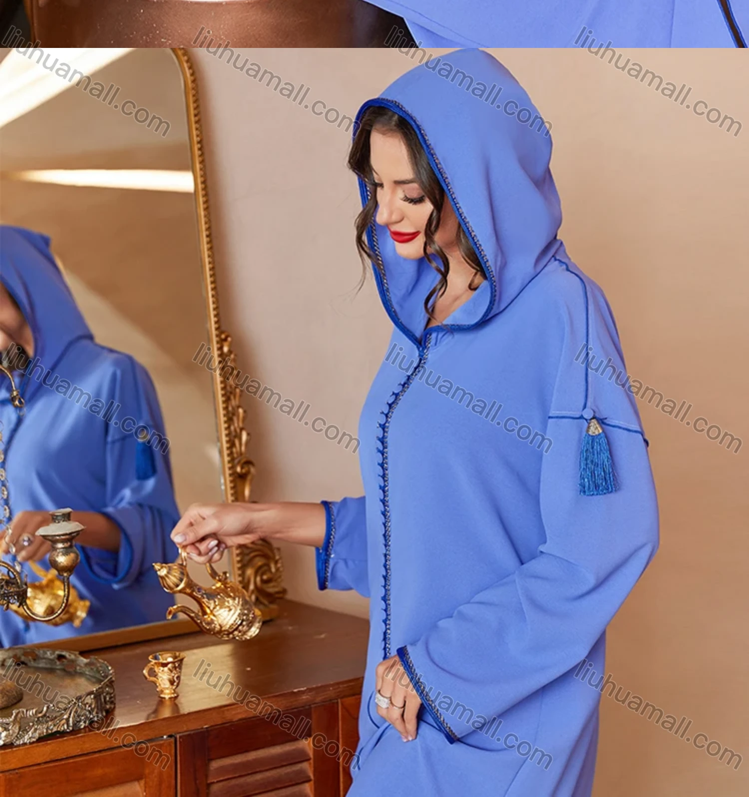 Wholesale Women's Muslim Islamic Elegant Plain Hooded Split Front Tassel Maxi Robe Abaya Dress A821# - Liuhuamall