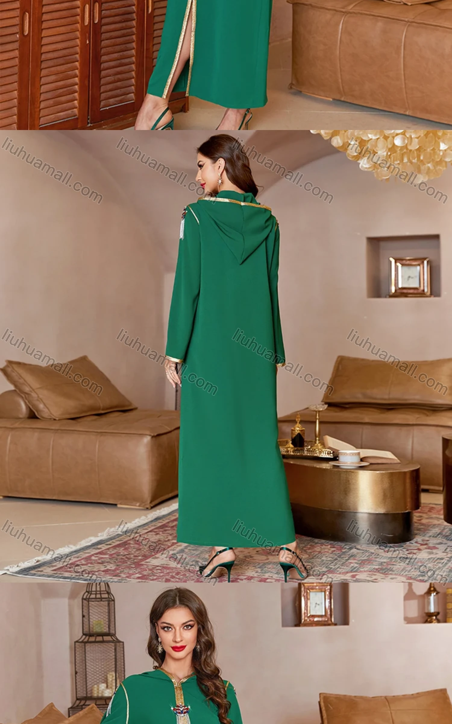 Wholesale Women's Muslim Islamic Hooded Split Front Splicing Rhinestone Tassel Maxi Robe Abaya Dress A826# - Liuhuamall