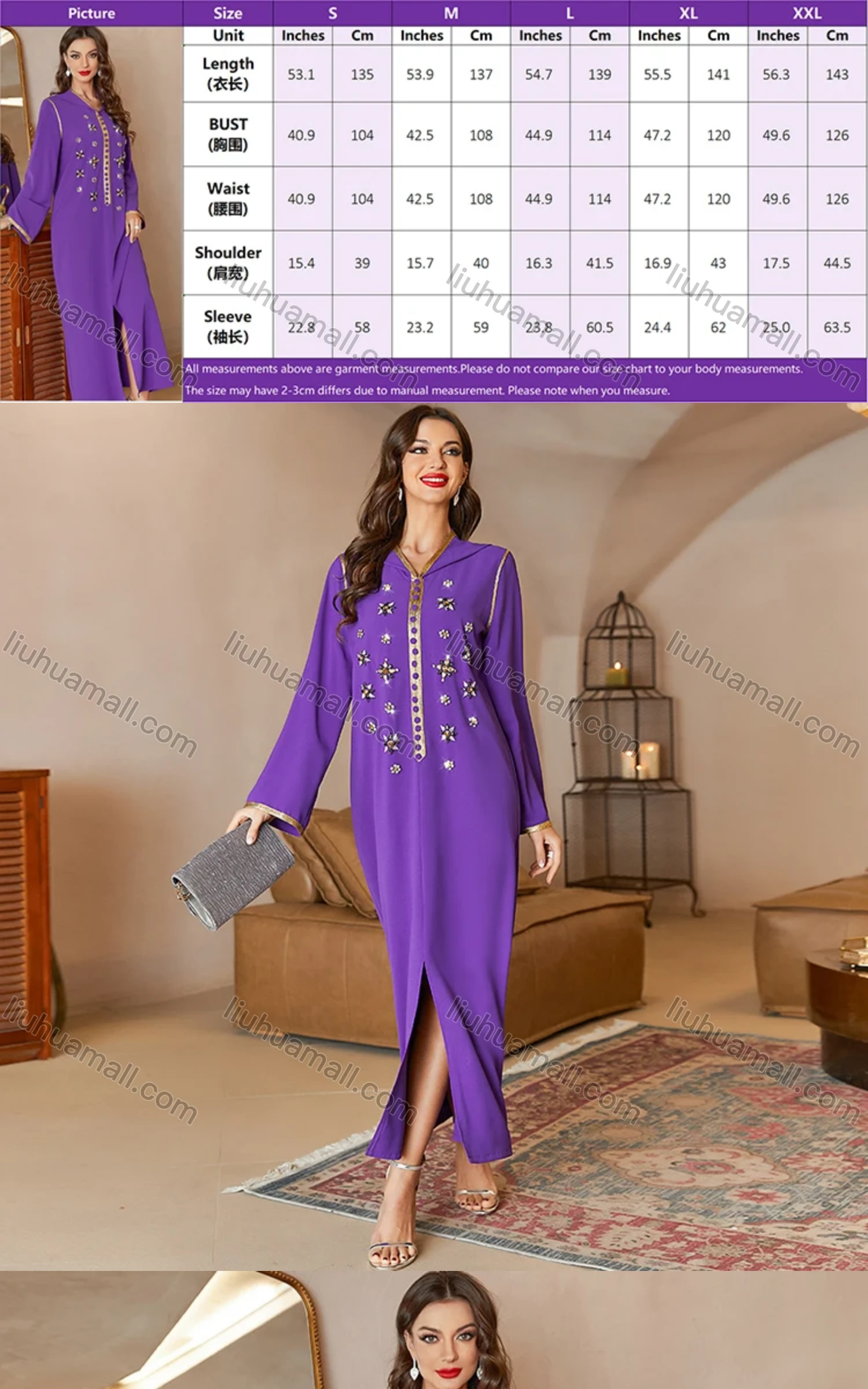 Wholesale Women's Elegant Muslim Islamic Plain Hooded Rhinestone Split Front Maxi Robe Abaya Dress A837# - Liuhuamall