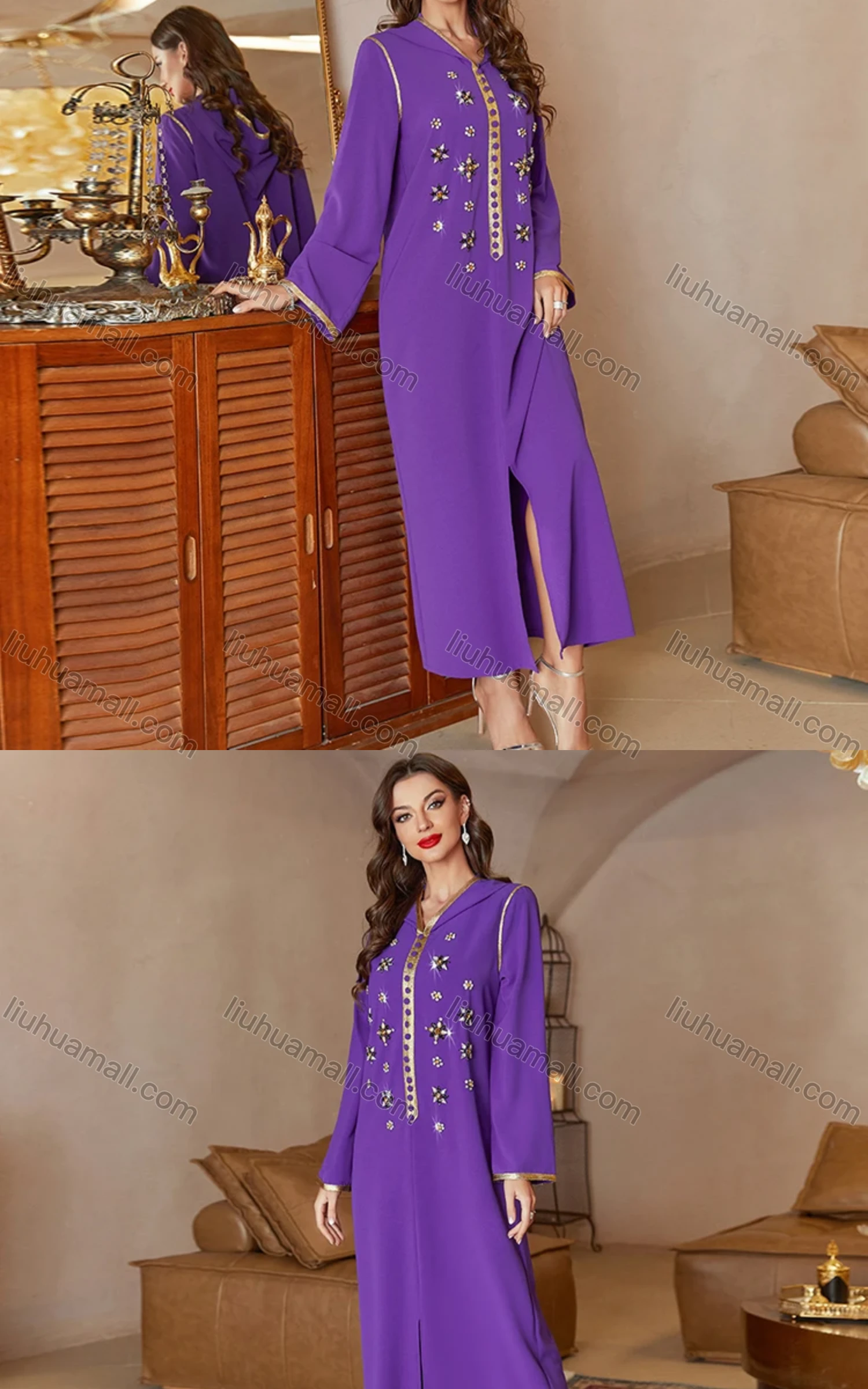 Wholesale Women's Elegant Muslim Islamic Plain Hooded Rhinestone Split Front Maxi Robe Abaya Dress A837# - Liuhuamall