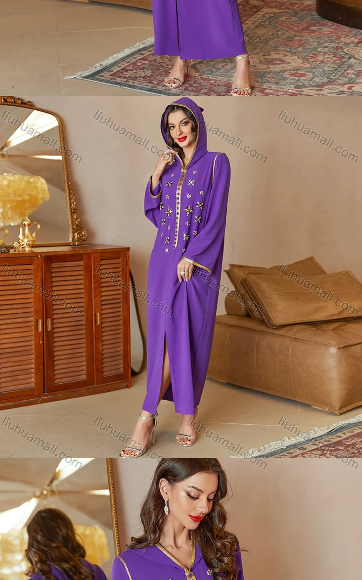 Wholesale Women's Elegant Muslim Islamic Plain Hooded Rhinestone Split Front Maxi Robe Abaya Dress A837# - Liuhuamall
