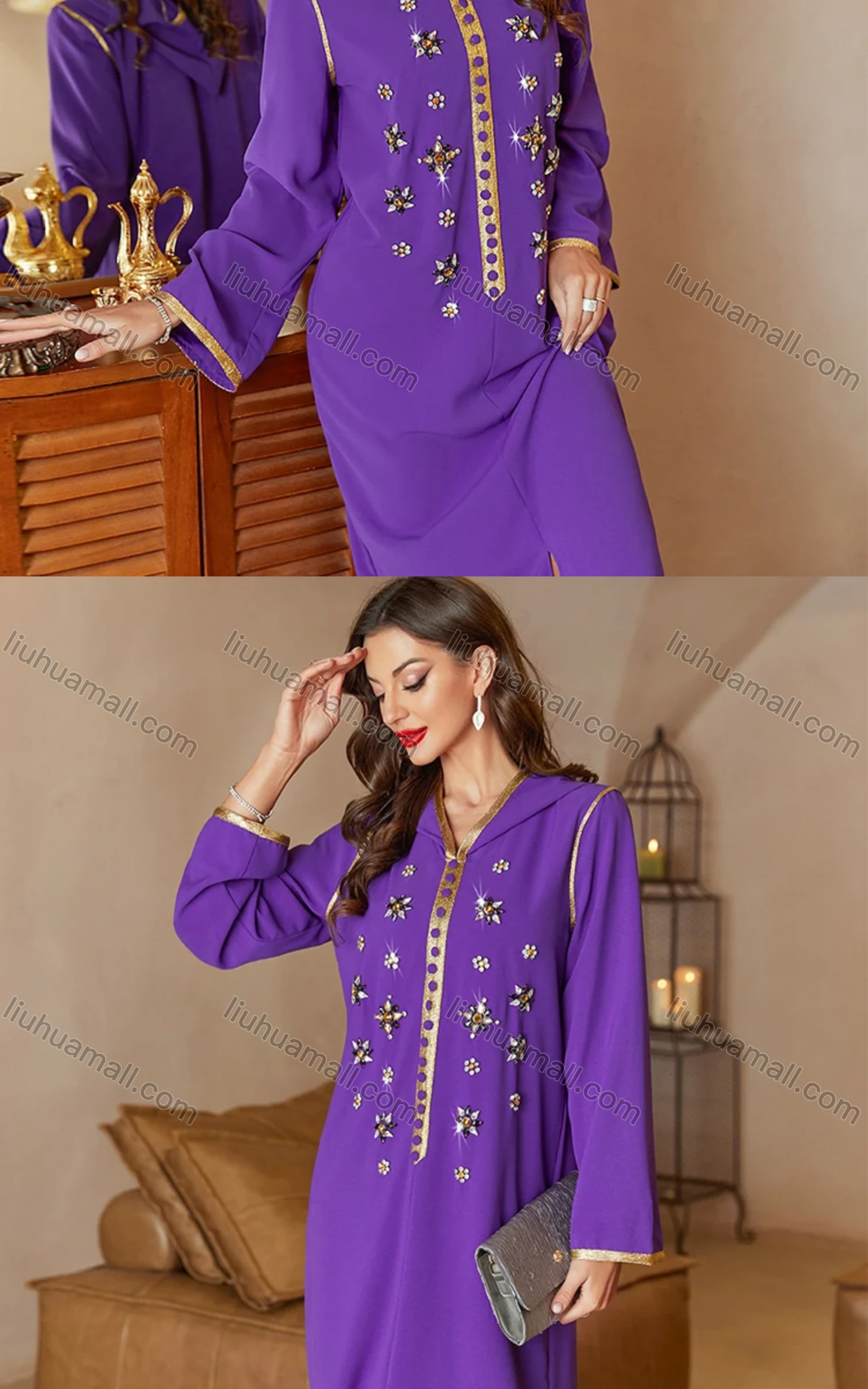 Wholesale Women's Elegant Muslim Islamic Plain Hooded Rhinestone Split Front Maxi Robe Abaya Dress A837# - Liuhuamall