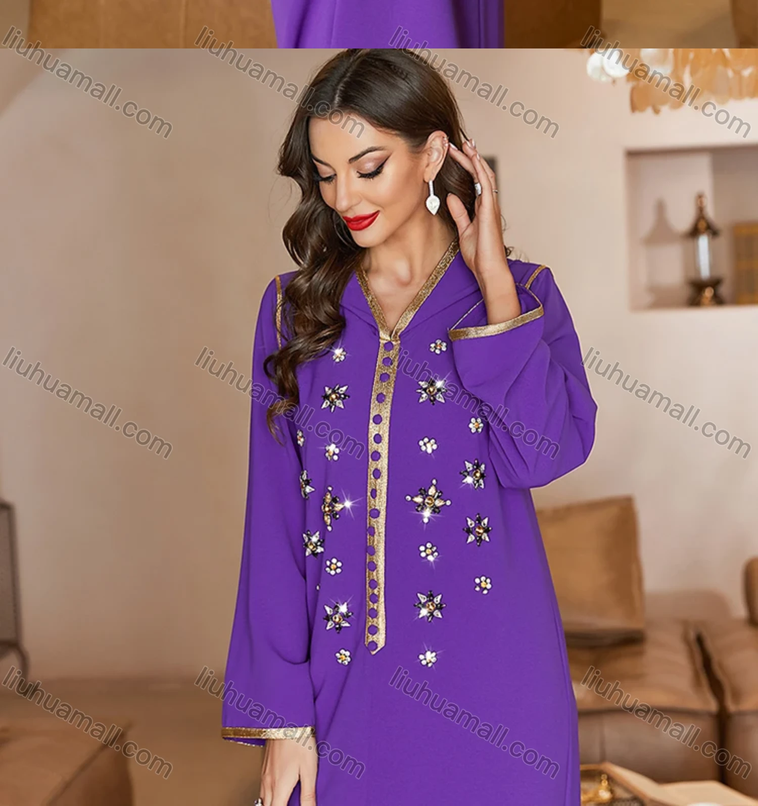 Wholesale Women's Elegant Muslim Islamic Plain Hooded Rhinestone Split Front Maxi Robe Abaya Dress A837# - Liuhuamall