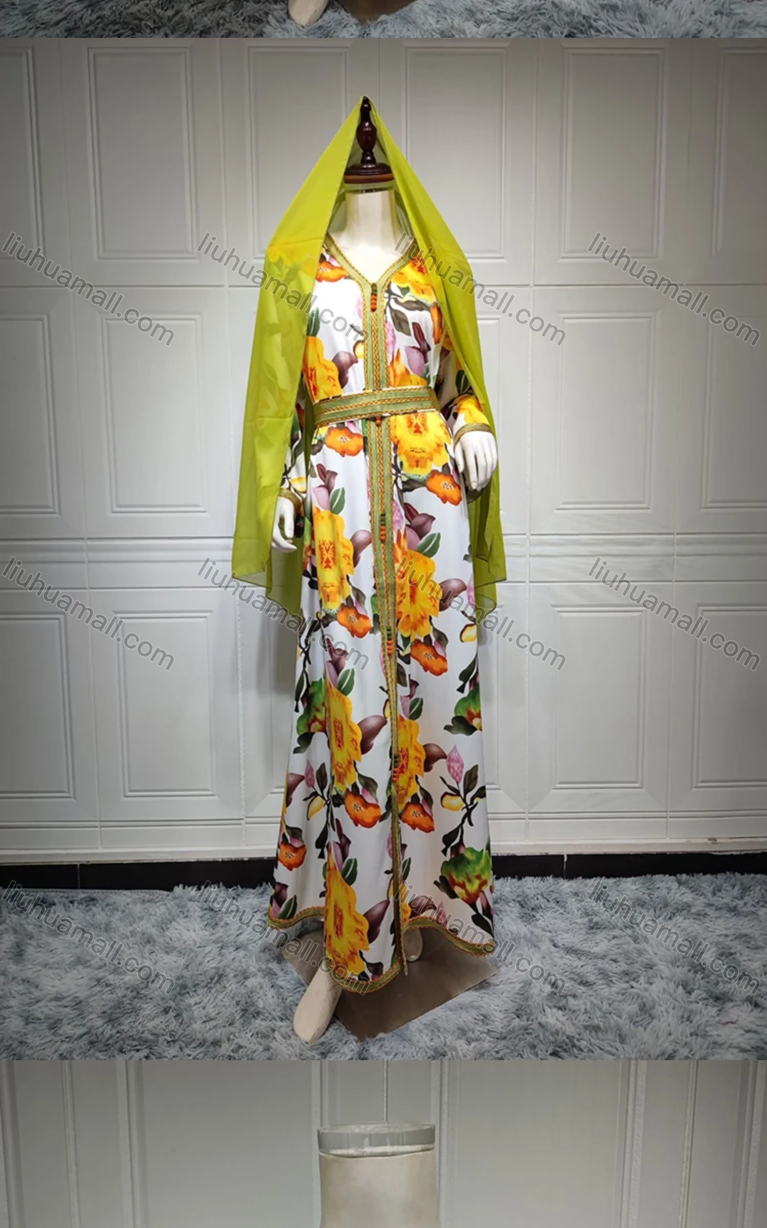Wholesale Women's Muslim Islamic Elegant Floral V Neck Embroidered Split Hem Maxi Robe Abaya Dress With Hijab AB210# - Liuhuamall