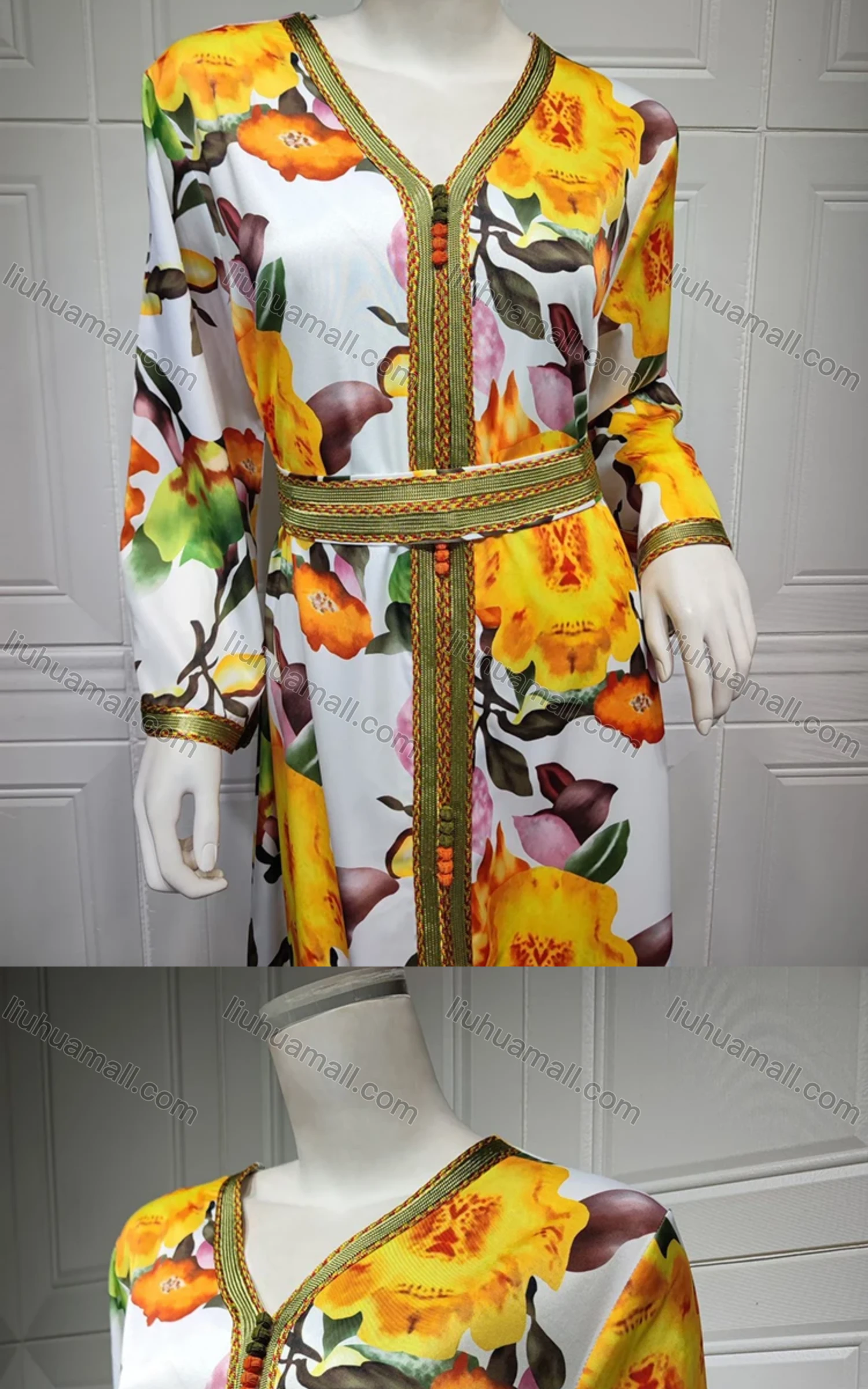 Wholesale Women's Muslim Islamic Elegant Floral V Neck Embroidered Split Hem Maxi Robe Abaya Dress With Hijab AB210# - Liuhuamall