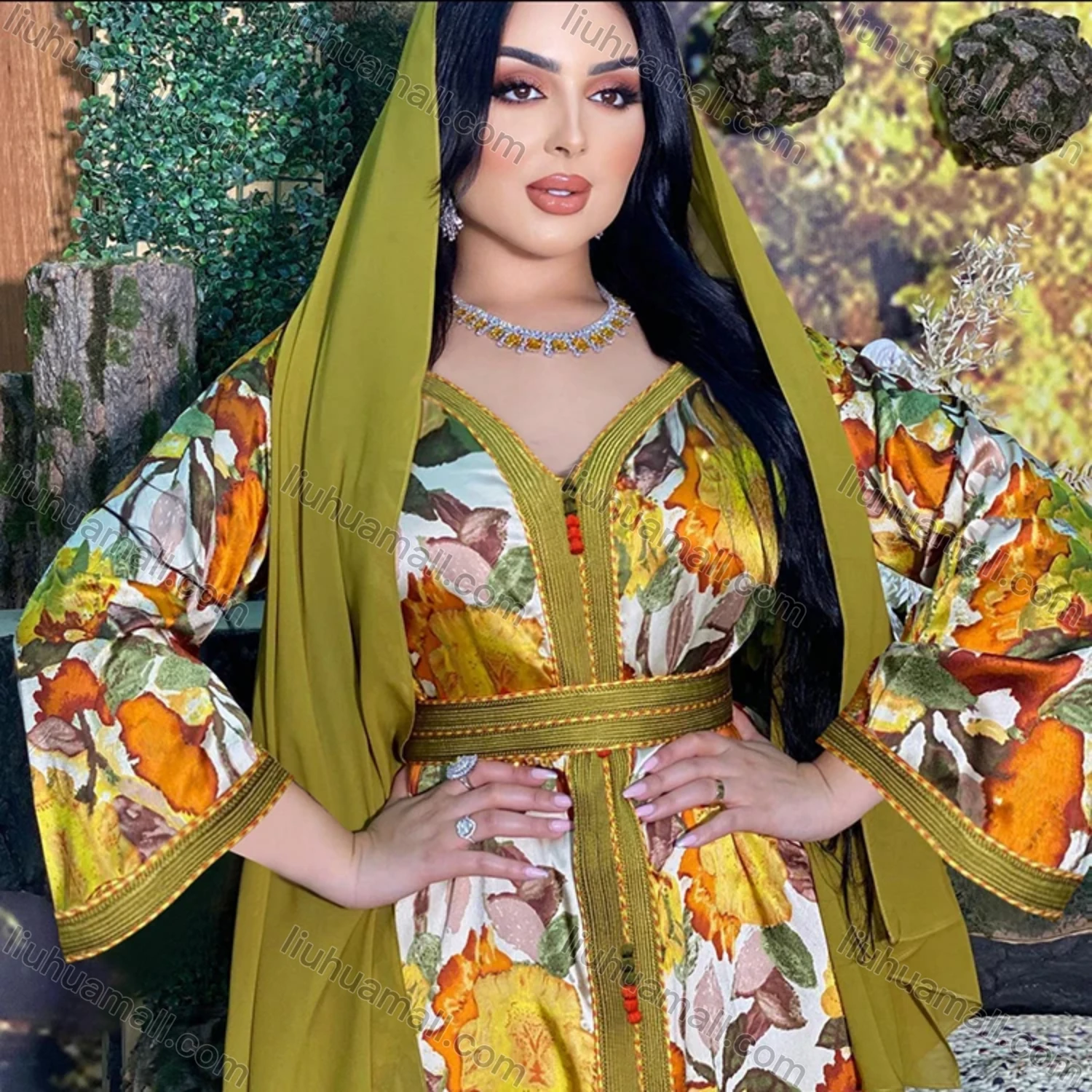 Wholesale Women's Muslim Islamic Elegant Floral V Neck Embroidered Split Hem Maxi Robe Abaya Dress With Hijab AB210# - Liuhuamall