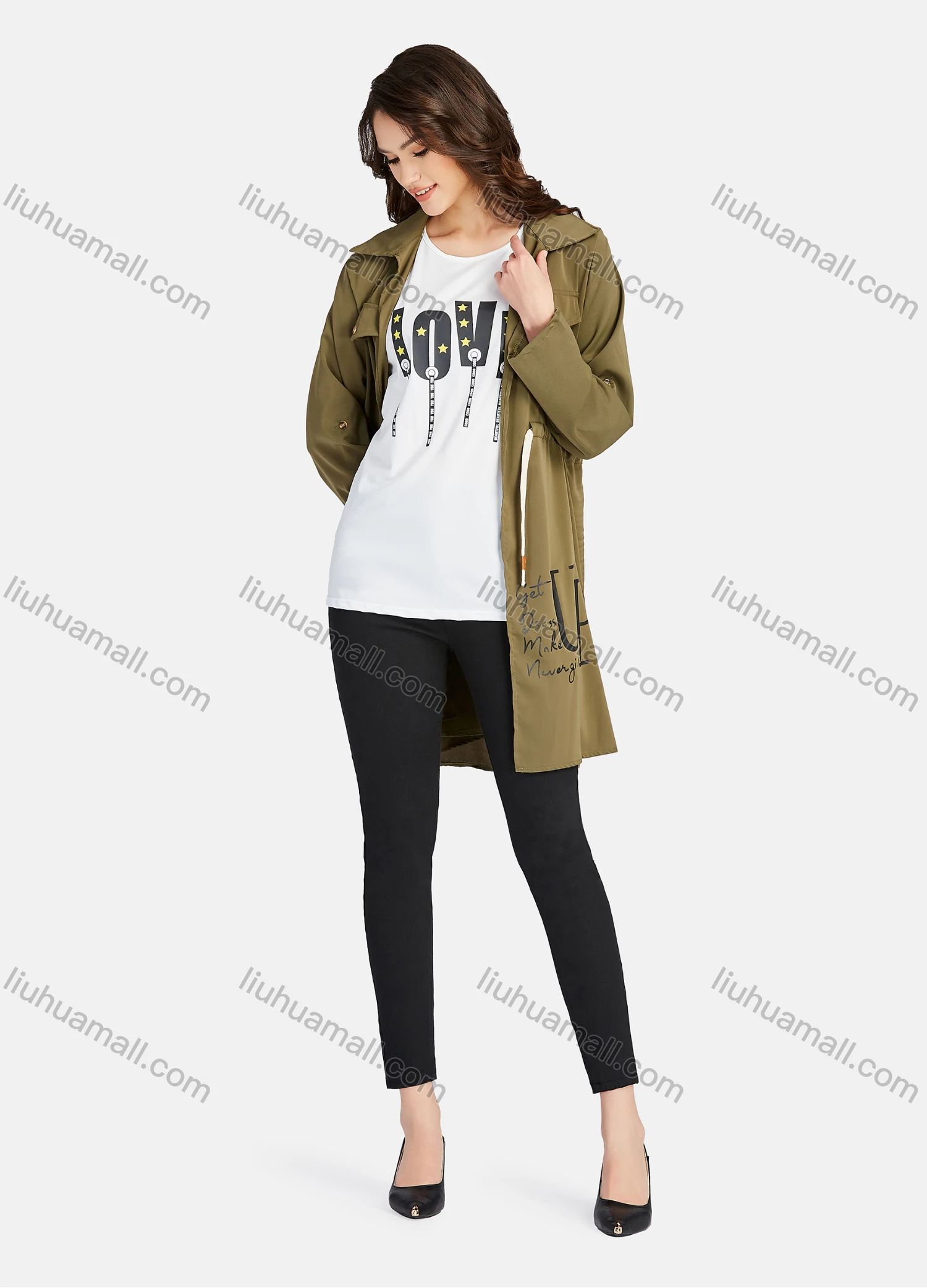 Wholesale Women's Casual Letter Print Round Neck Tank Top & Long Sleeve Lapel Drawstring Mid Length Jacket 2 Piece Set - Liuhuamall
