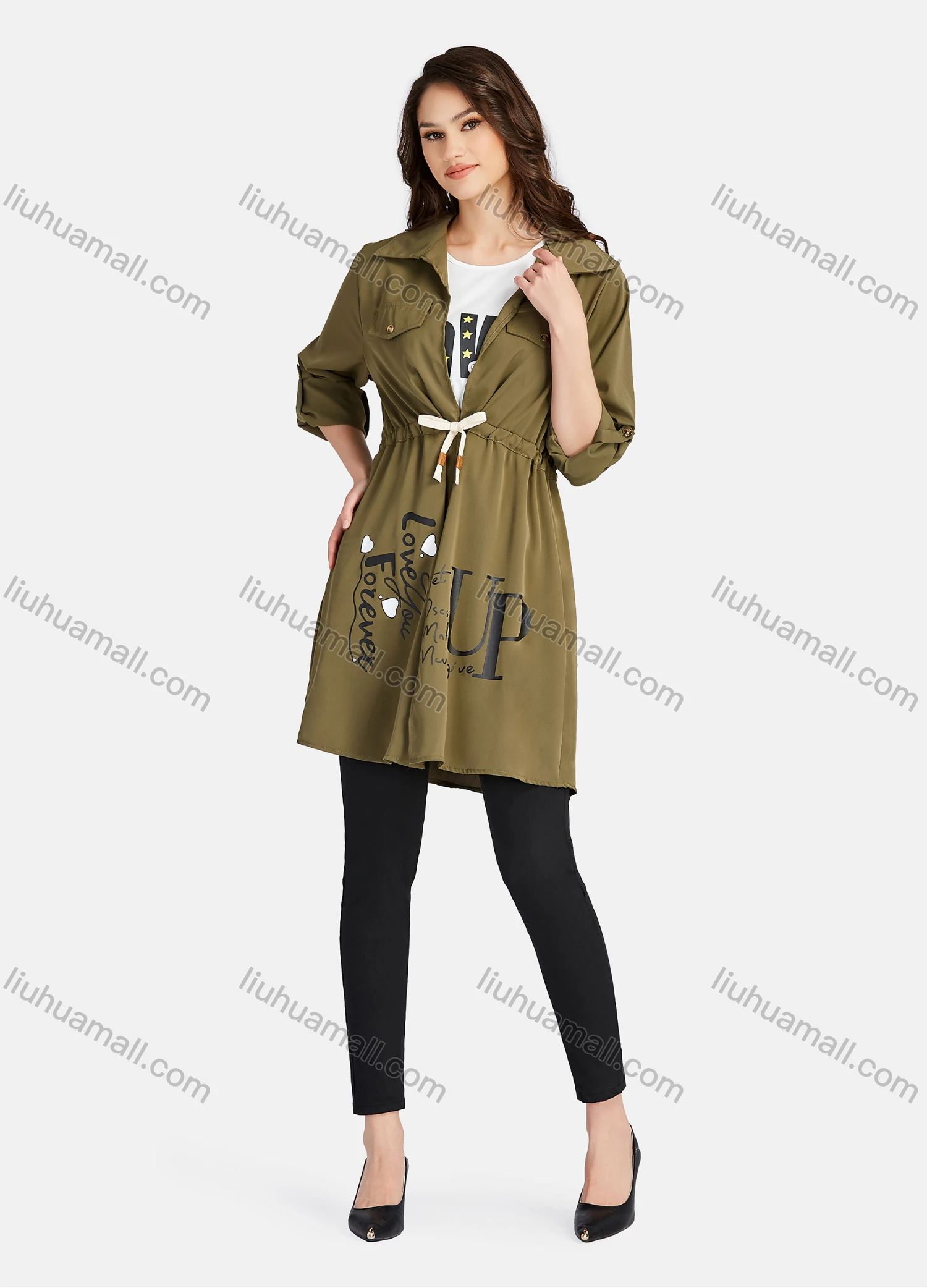 Wholesale Women's Casual Letter Print Round Neck Tank Top & Long Sleeve Lapel Drawstring Mid Length Jacket 2 Piece Set - Liuhuamall