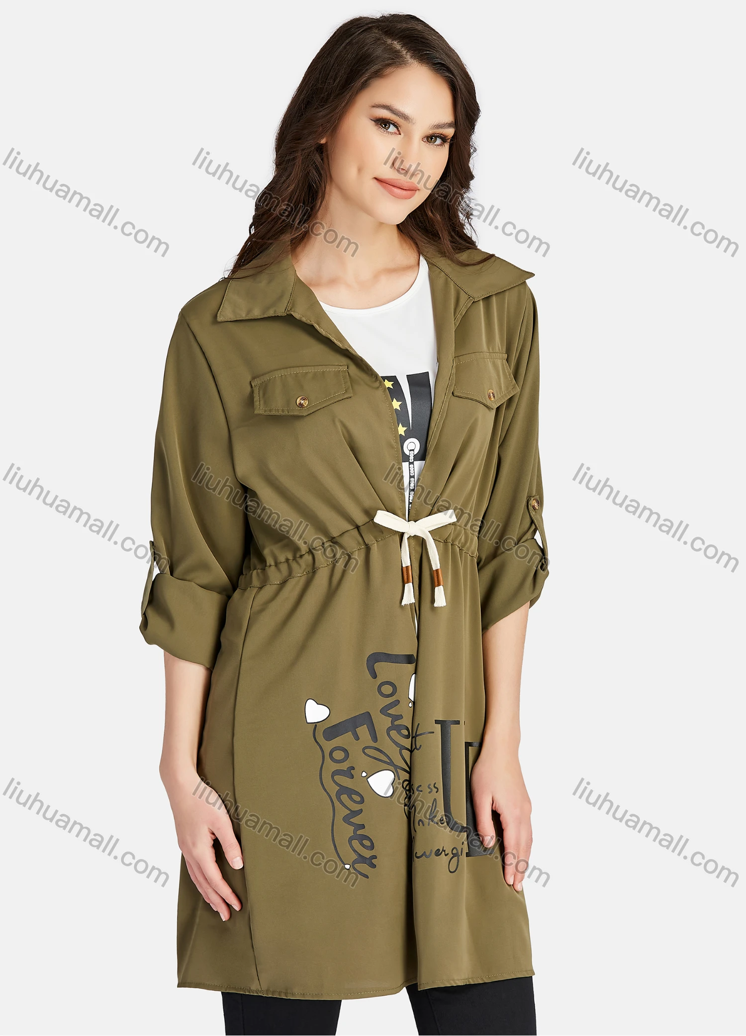 Wholesale Women's Casual Letter Print Round Neck Tank Top & Long Sleeve Lapel Drawstring Mid Length Jacket 2 Piece Set - Liuhuamall