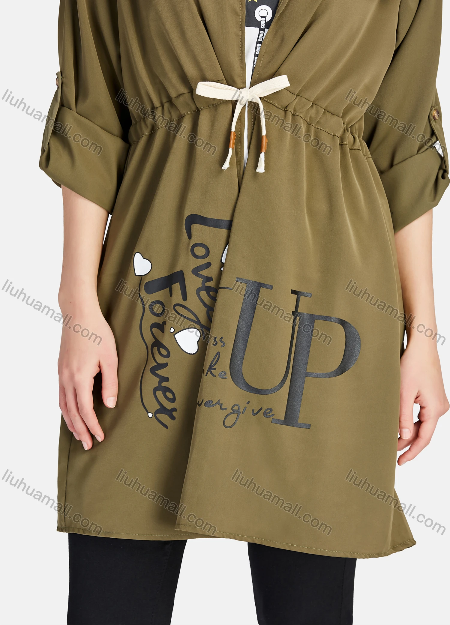 Wholesale Women's Casual Letter Print Round Neck Tank Top & Long Sleeve Lapel Drawstring Mid Length Jacket 2 Piece Set - Liuhuamall