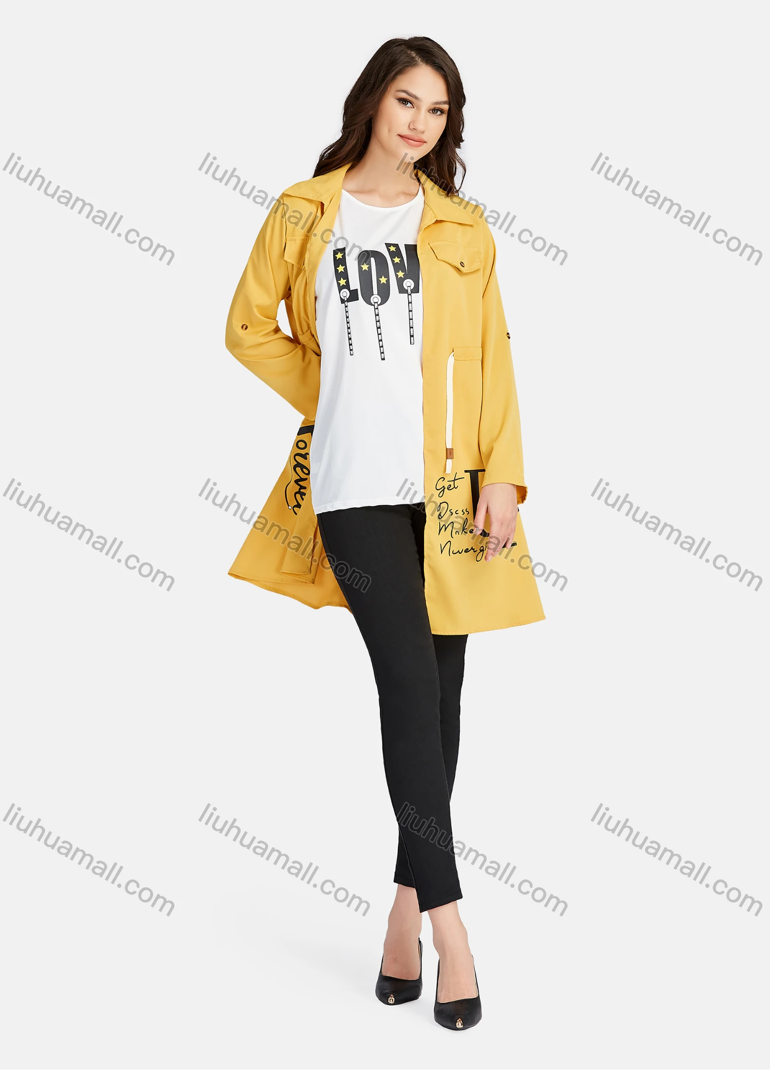 Wholesale Women's Casual Letter Print Round Neck Tank Top & Long Sleeve Lapel Drawstring Mid Length Jacket 2 Piece Set - Liuhuamall