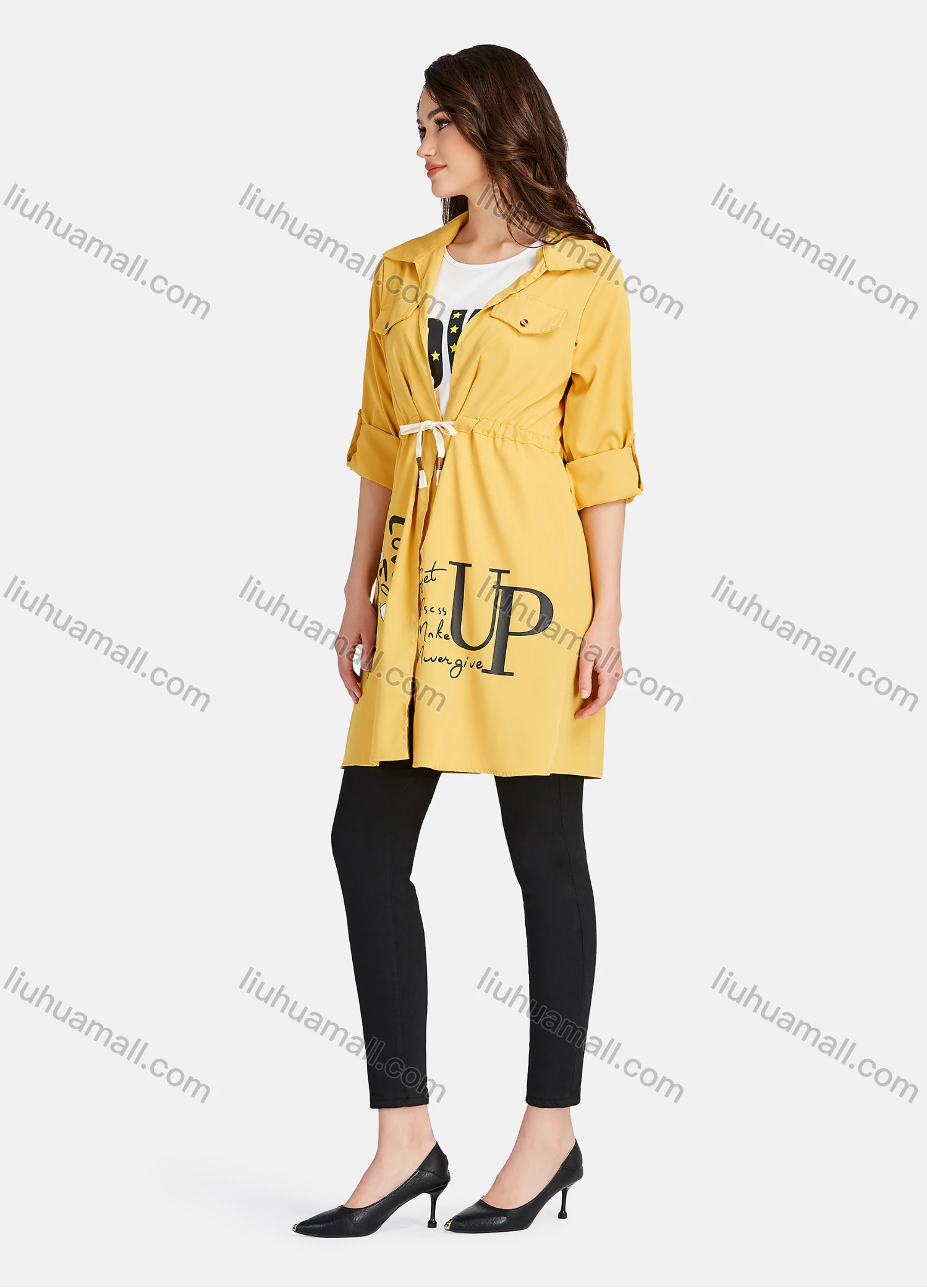 Wholesale Women's Casual Letter Print Round Neck Tank Top & Long Sleeve Lapel Drawstring Mid Length Jacket 2 Piece Set - Liuhuamall