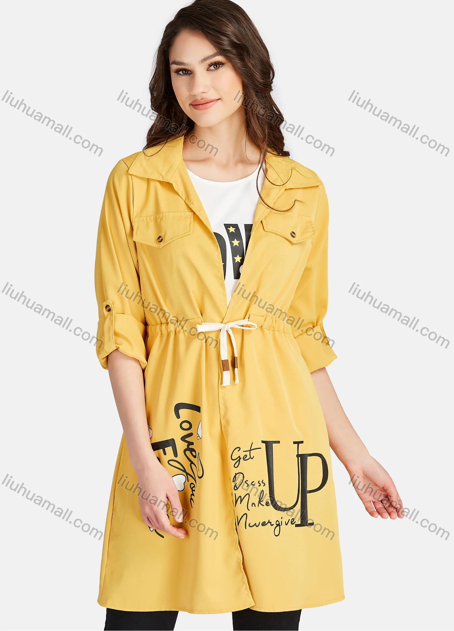 Wholesale Women's Casual Letter Print Round Neck Tank Top & Long Sleeve Lapel Drawstring Mid Length Jacket 2 Piece Set - Liuhuamall
