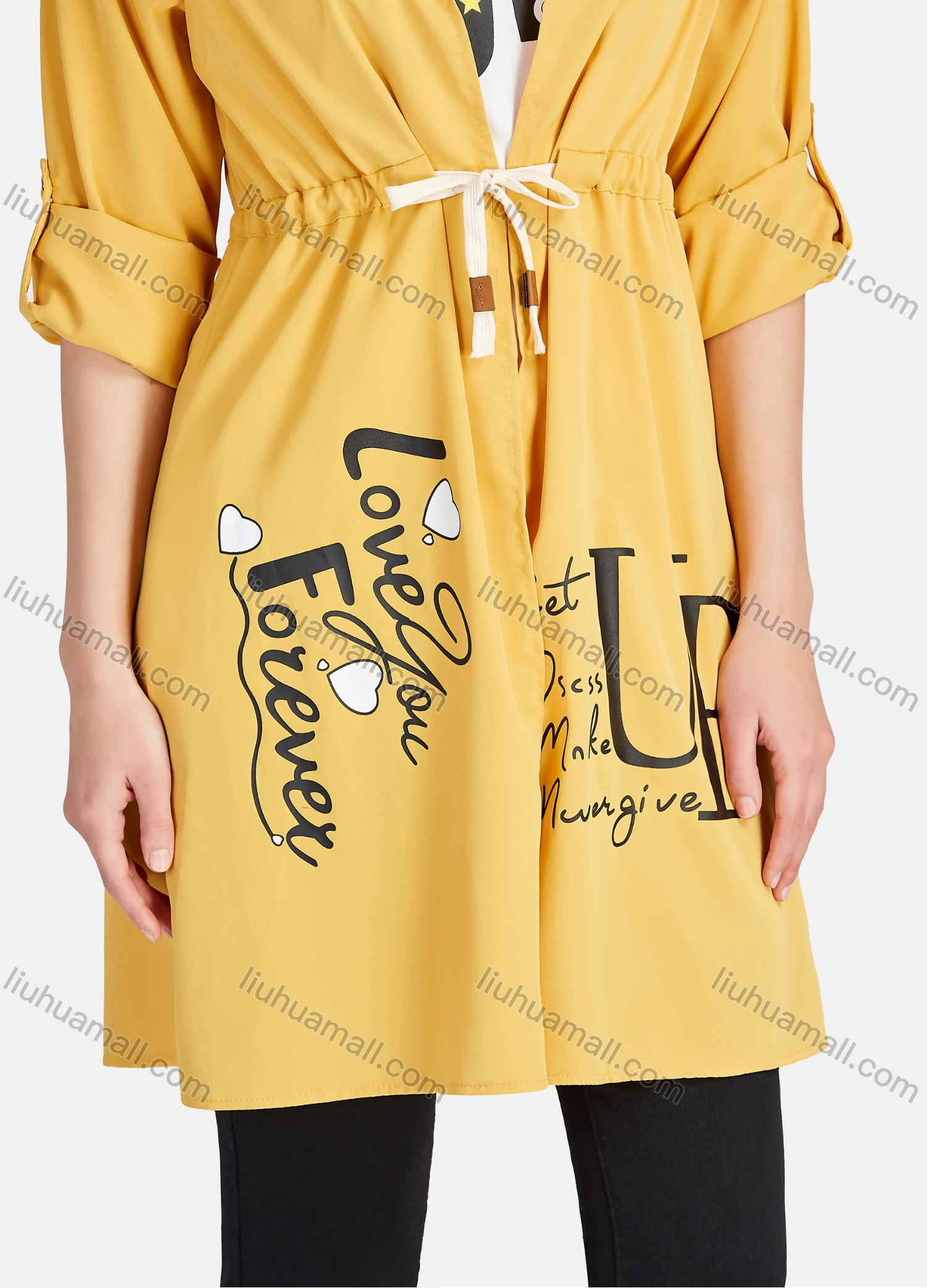 Wholesale Women's Casual Letter Print Round Neck Tank Top & Long Sleeve Lapel Drawstring Mid Length Jacket 2 Piece Set - Liuhuamall