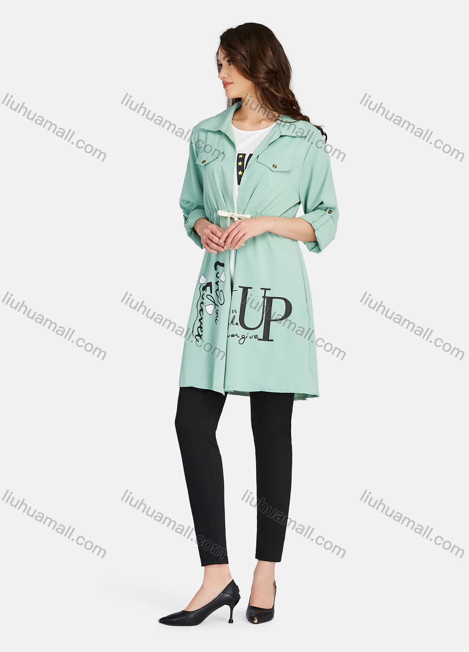 Wholesale Women's Casual Letter Print Round Neck Tank Top & Long Sleeve Lapel Drawstring Mid Length Jacket 2 Piece Set - Liuhuamall