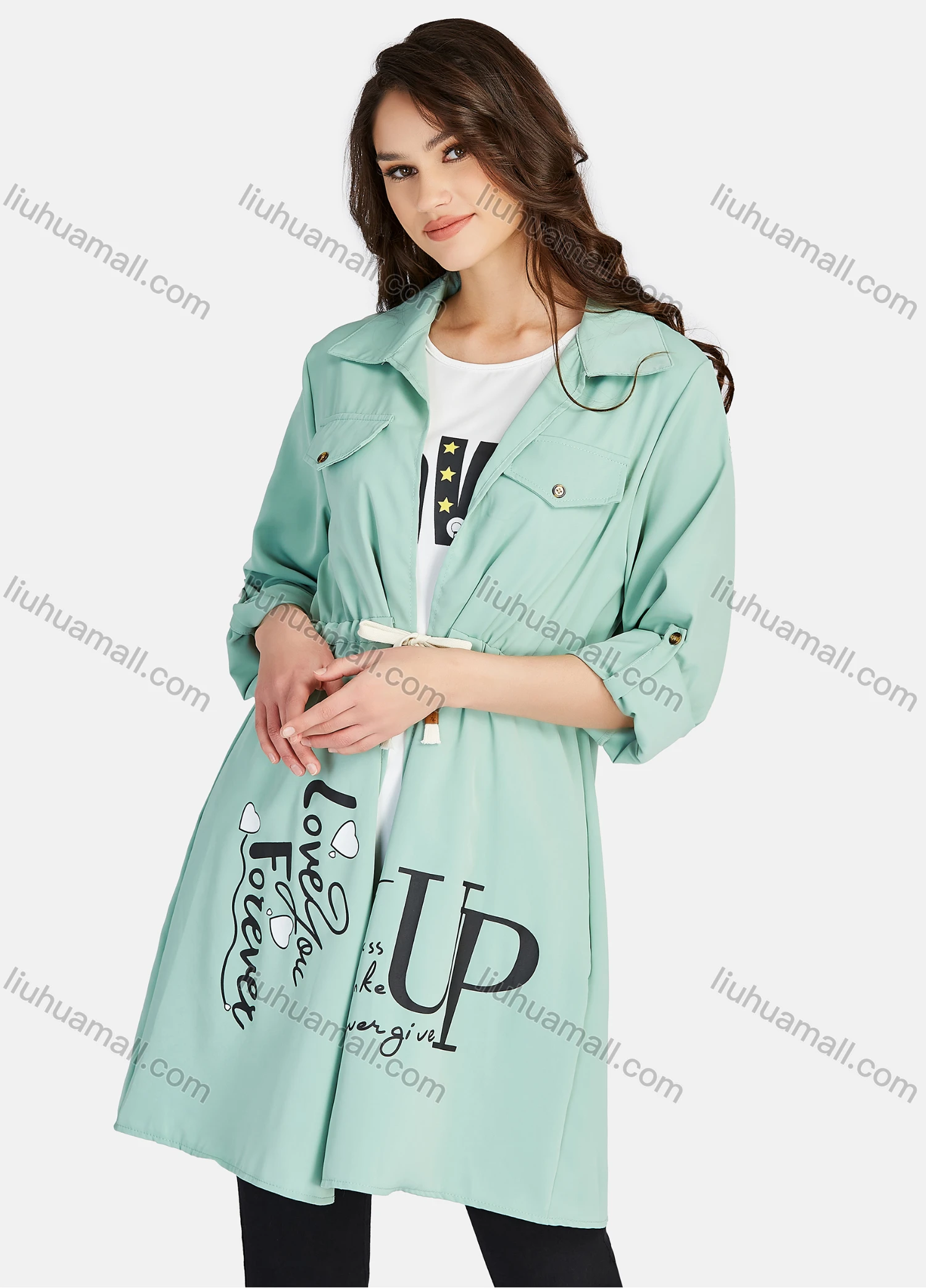 Wholesale Women's Casual Letter Print Round Neck Tank Top & Long Sleeve Lapel Drawstring Mid Length Jacket 2 Piece Set - Liuhuamall