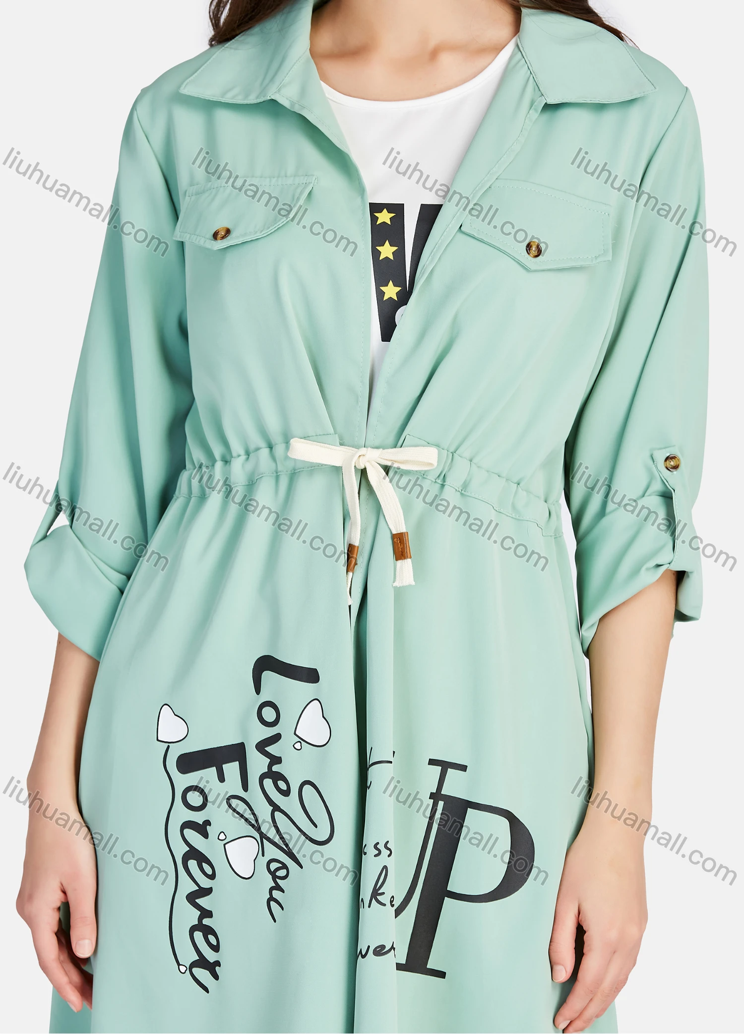 Wholesale Women's Casual Letter Print Round Neck Tank Top & Long Sleeve Lapel Drawstring Mid Length Jacket 2 Piece Set - Liuhuamall