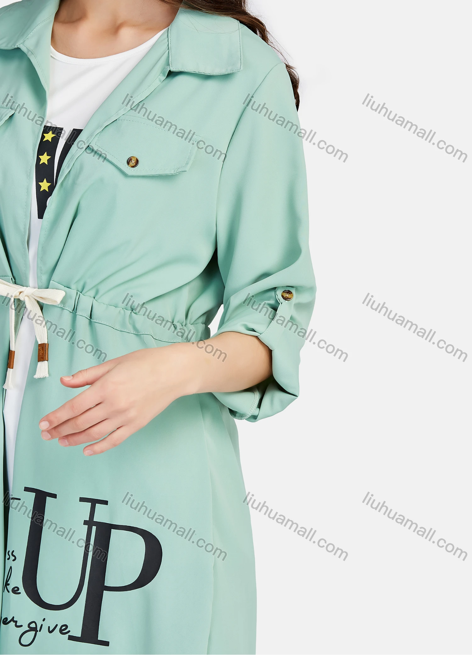 Wholesale Women's Casual Letter Print Round Neck Tank Top & Long Sleeve Lapel Drawstring Mid Length Jacket 2 Piece Set - Liuhuamall