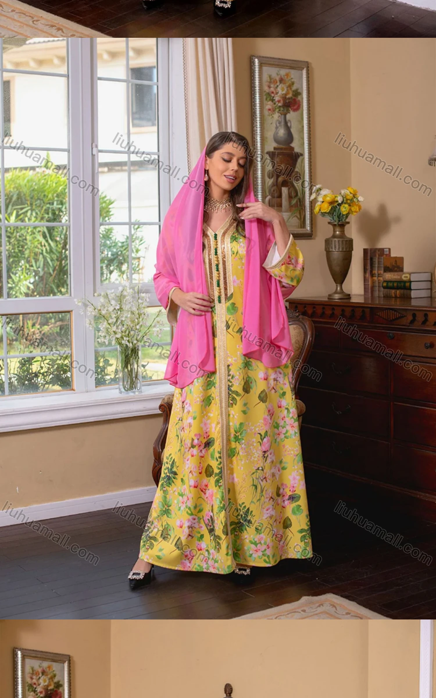 Wholesale Women's Elegant Muslim Islamic Splicing Embroidered Floral Maxi Dress With Scarf AB270# - Liuhuamall