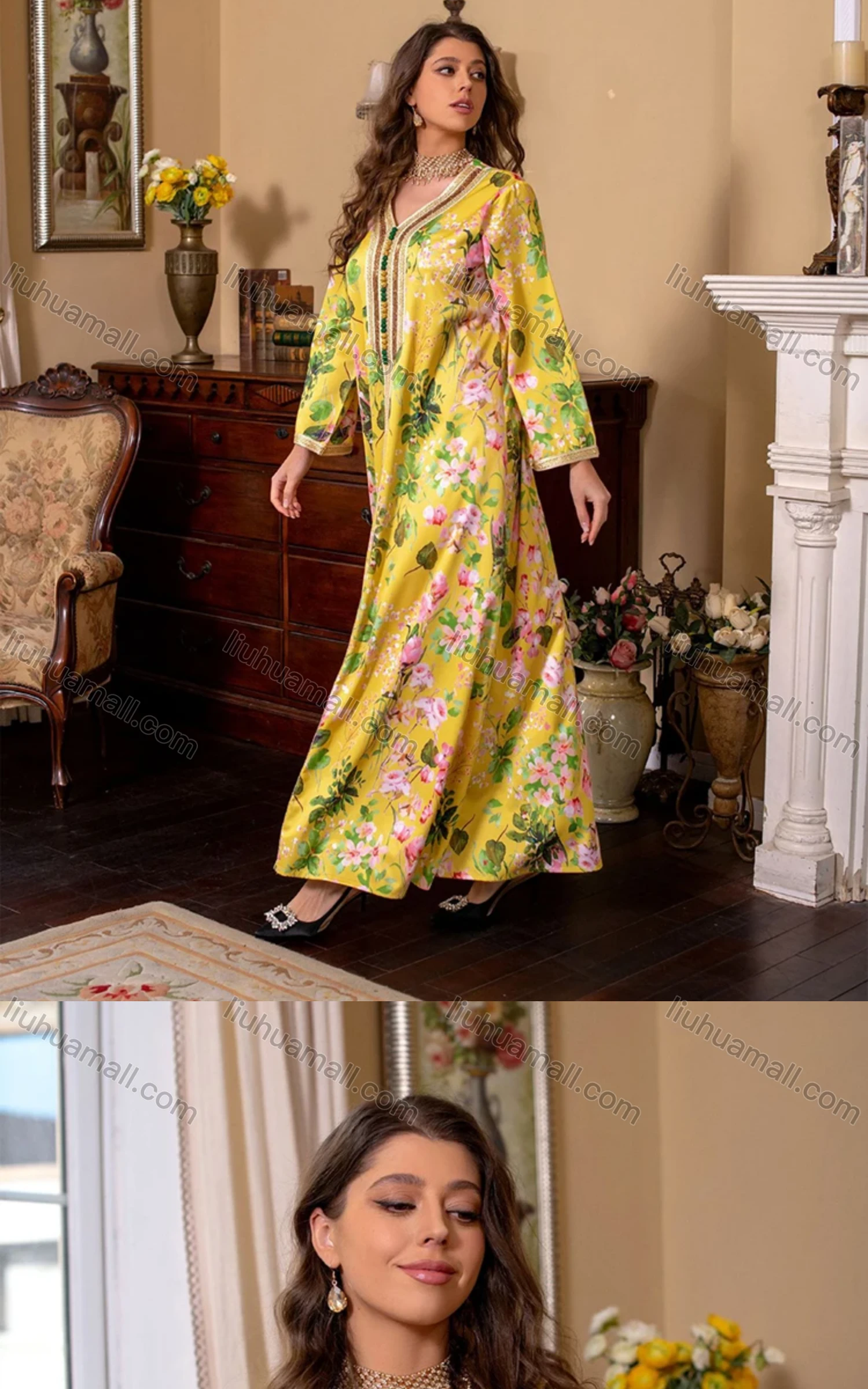 Wholesale Women's Elegant Muslim Islamic Splicing Embroidered Floral Maxi Dress With Scarf AB270# - Liuhuamall