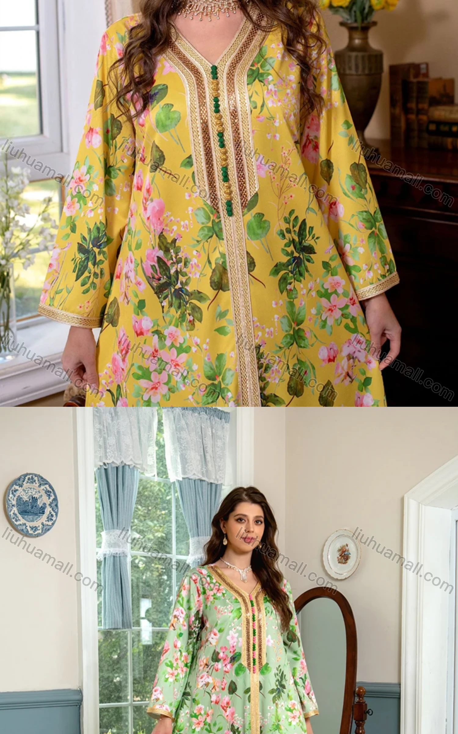 Wholesale Women's Elegant Muslim Islamic Splicing Embroidered Floral Maxi Dress With Scarf AB270# - Liuhuamall