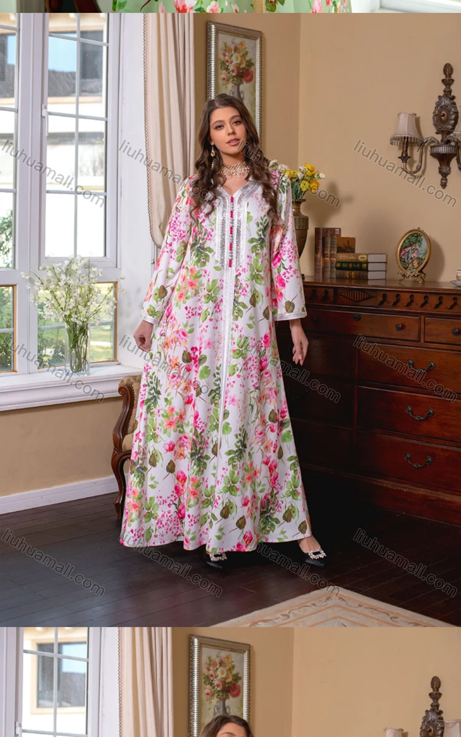 Wholesale Women's Elegant Muslim Islamic Splicing Embroidered Floral Maxi Dress With Scarf AB270# - Liuhuamall