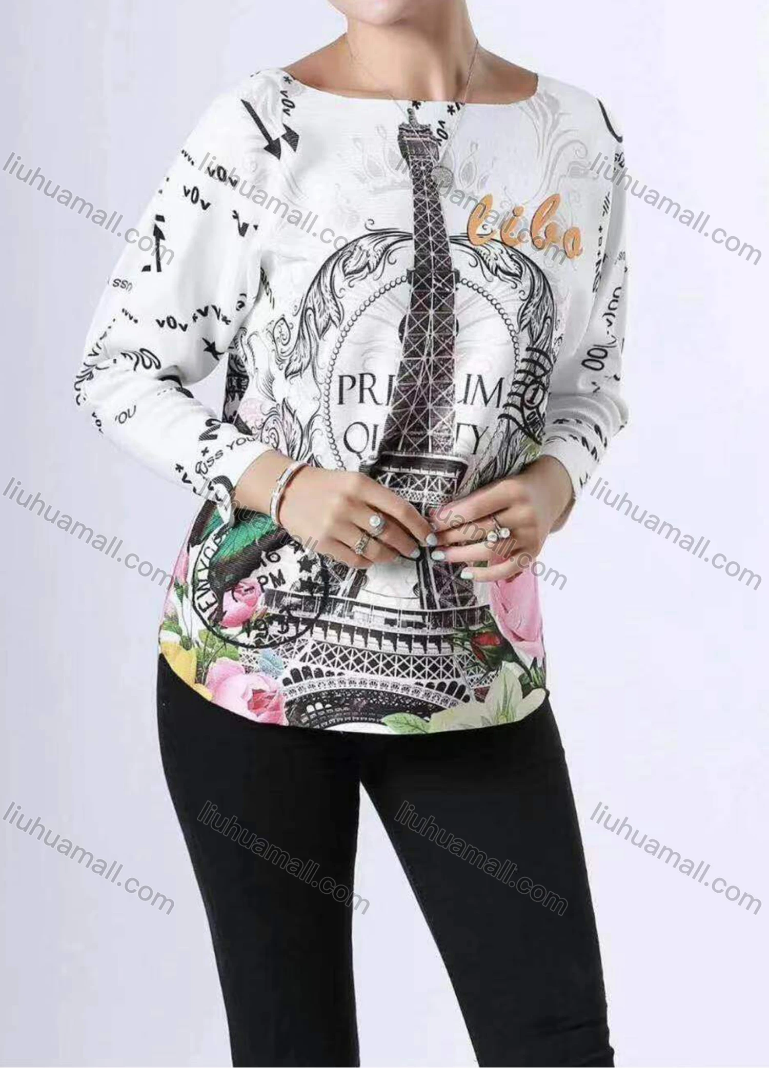 Wholesale Women's Casual Bateau Neck Graphic Allover Print Long Sleeve Tee - Liuhuamall