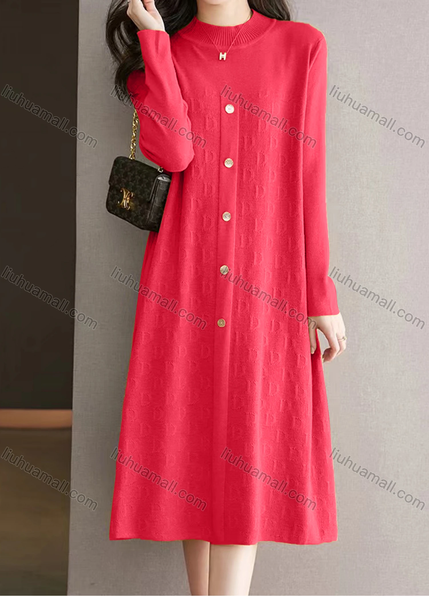 Wholesale Women's Casual Plain Mock Neck Buttons Long Sleeve Midi Sweater Dress - Liuhuamall