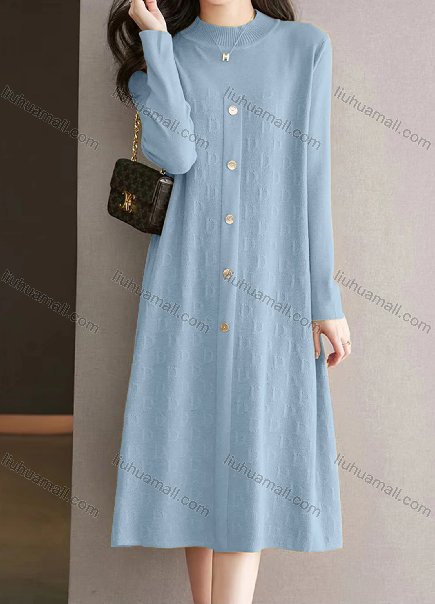 Wholesale Women's Casual Plain Mock Neck Buttons Long Sleeve Midi Sweater Dress - Liuhuamall