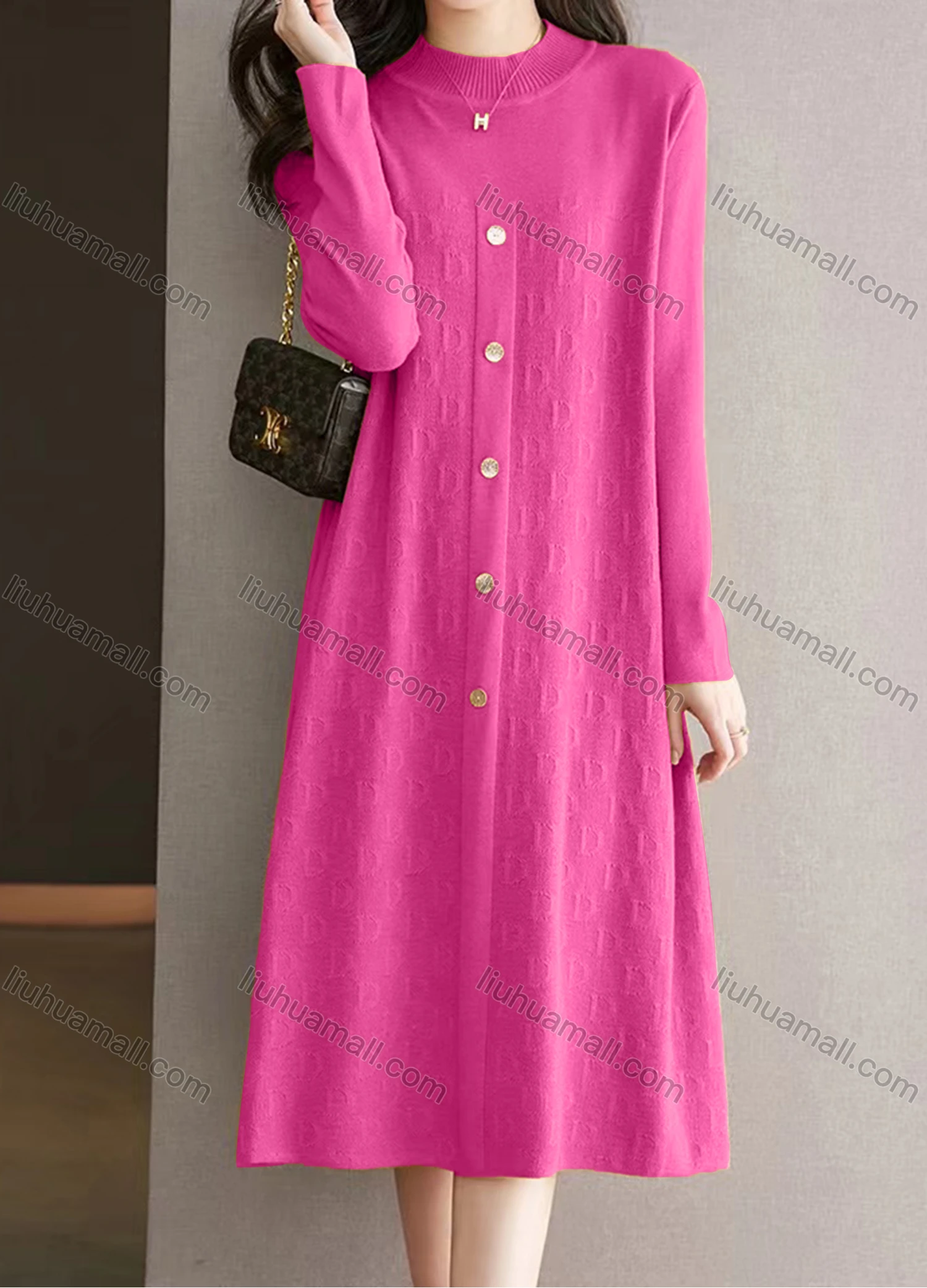 Wholesale Women's Casual Plain Mock Neck Buttons Long Sleeve Midi Sweater Dress - Liuhuamall