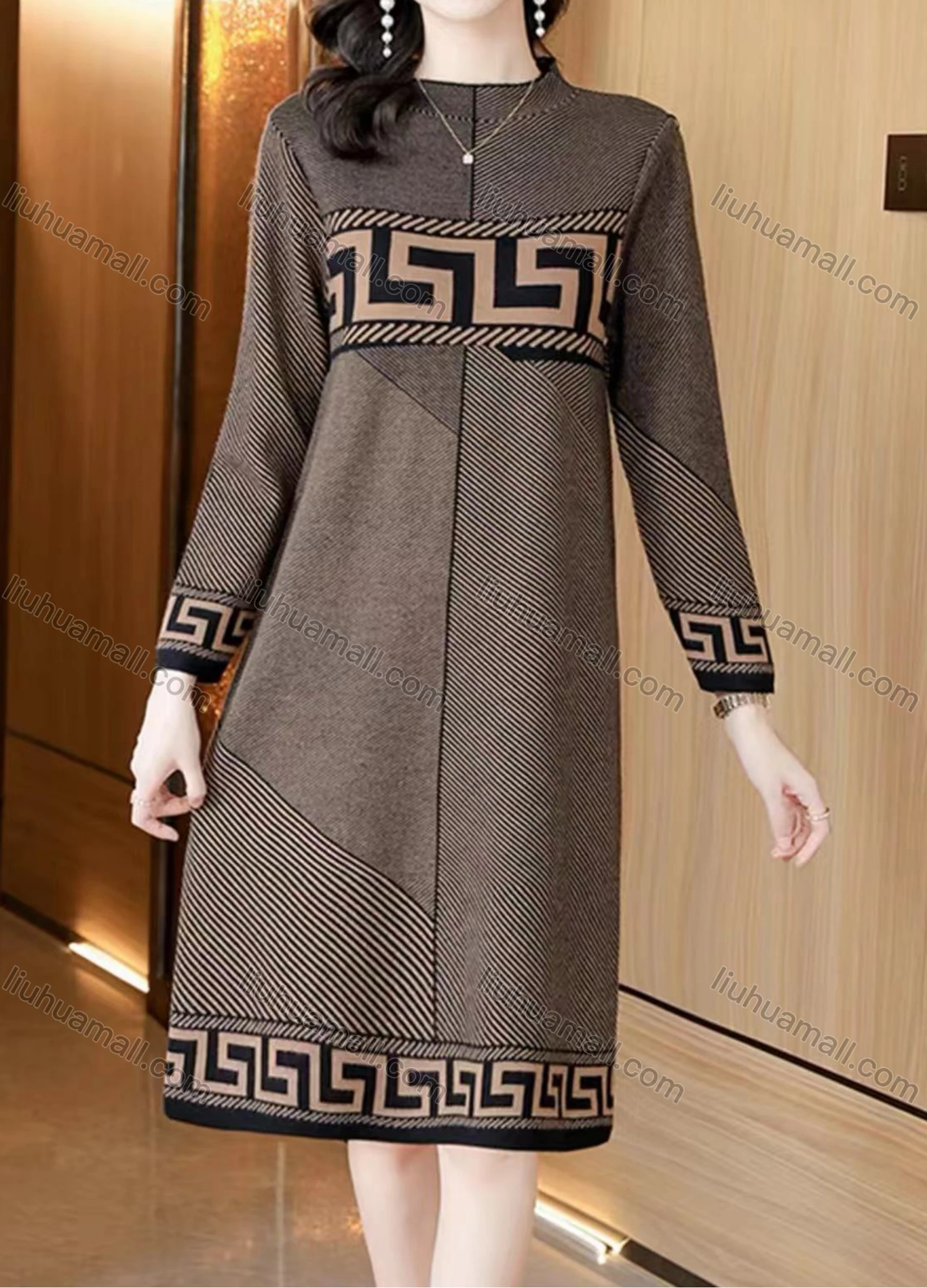 Wholesale Women's Casual Greek Key Mock Neck Long Sleeve Knee Length Sweater Dress - Liuhuamall