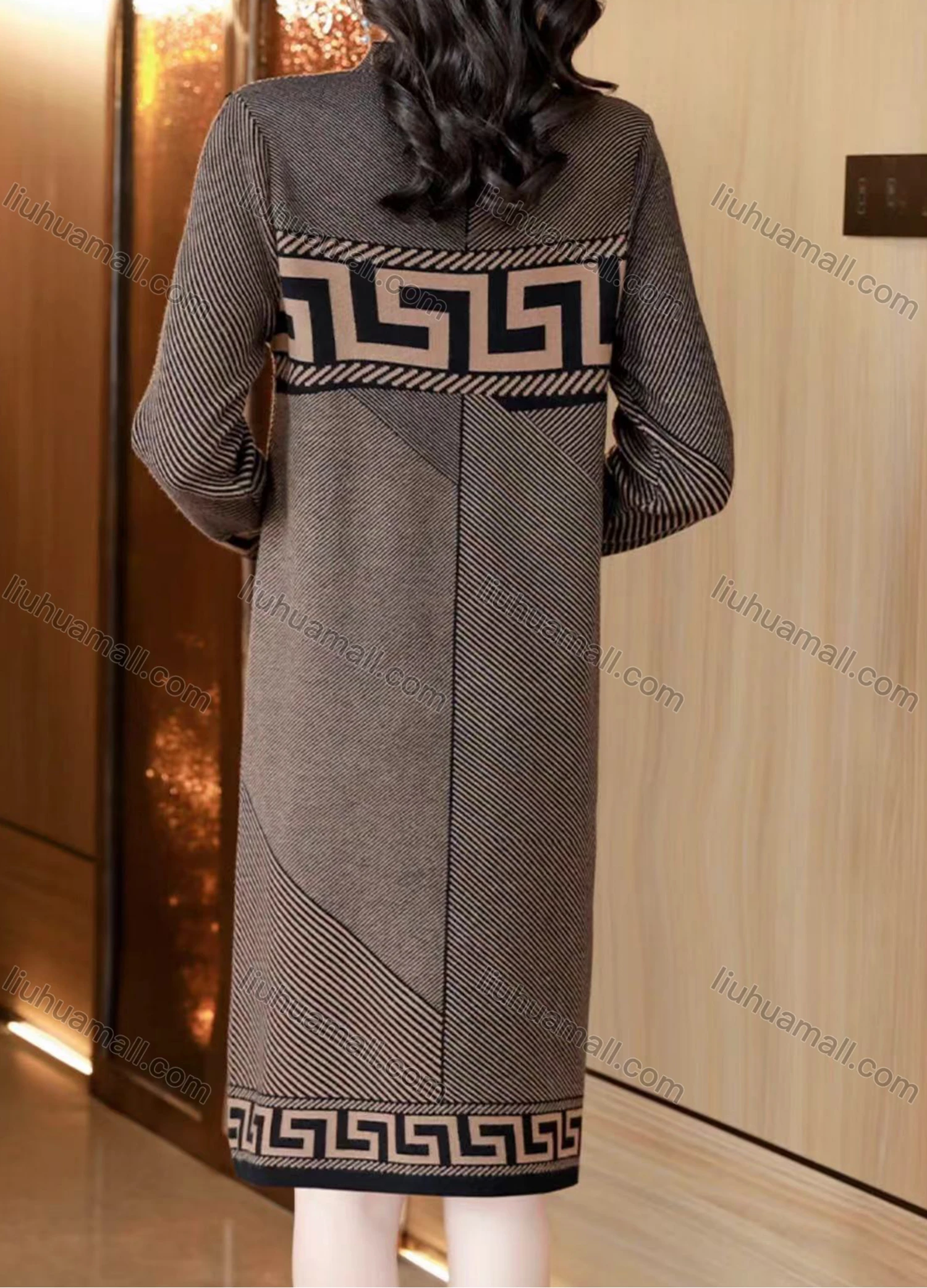 Wholesale Women's Casual Greek Key Mock Neck Long Sleeve Knee Length Sweater Dress - Liuhuamall