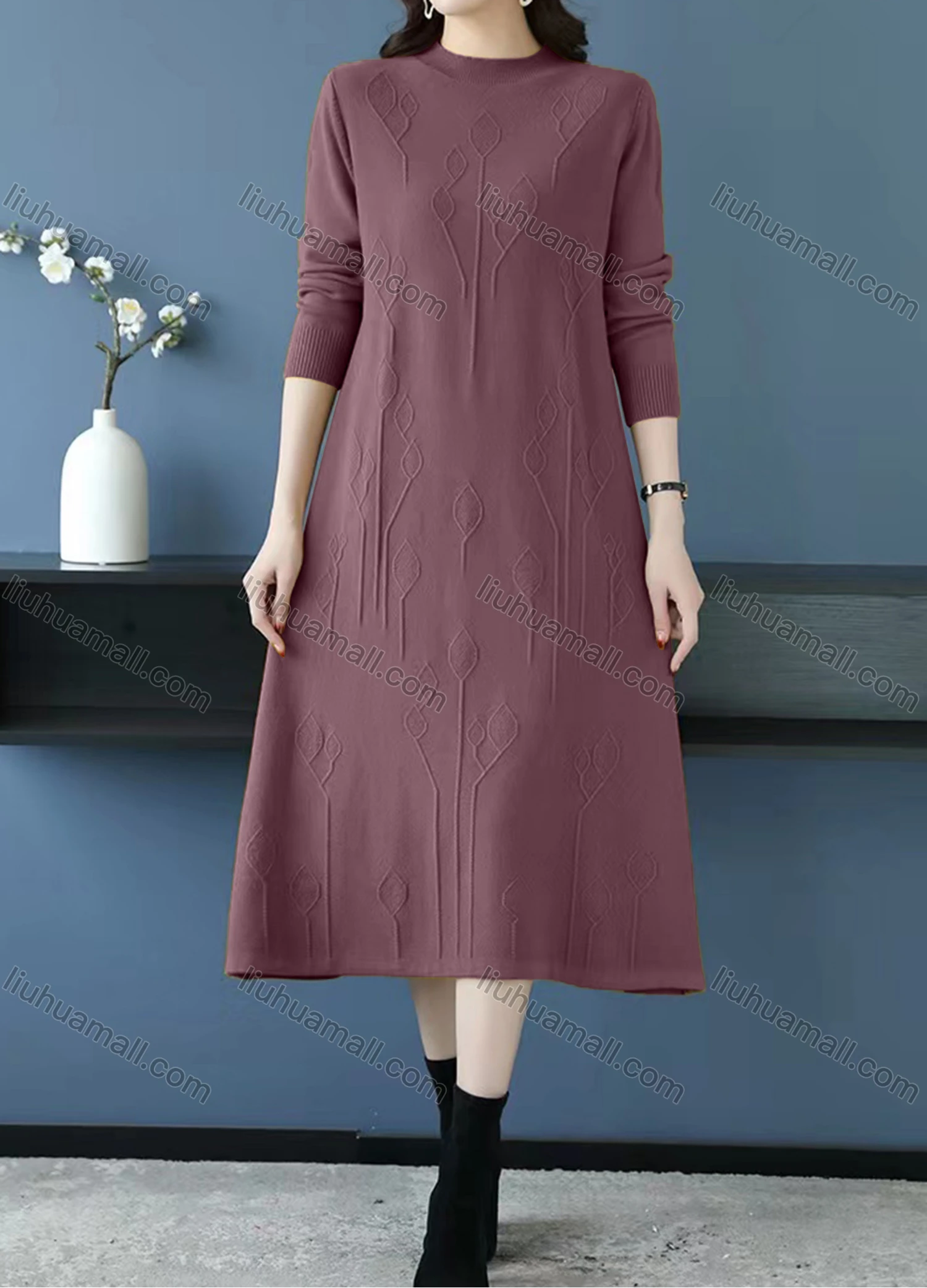 Wholesale Women's Casual Plain Mock Neck Long Sleeve Midi Sweater Dress - Liuhuamall