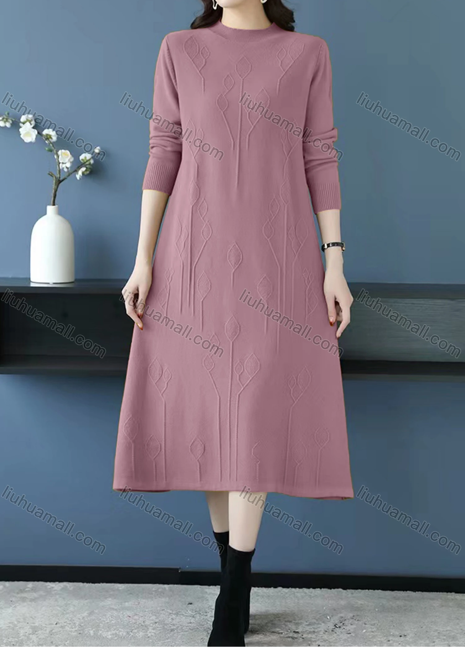 Wholesale Women's Casual Plain Mock Neck Long Sleeve Midi Sweater Dress - Liuhuamall