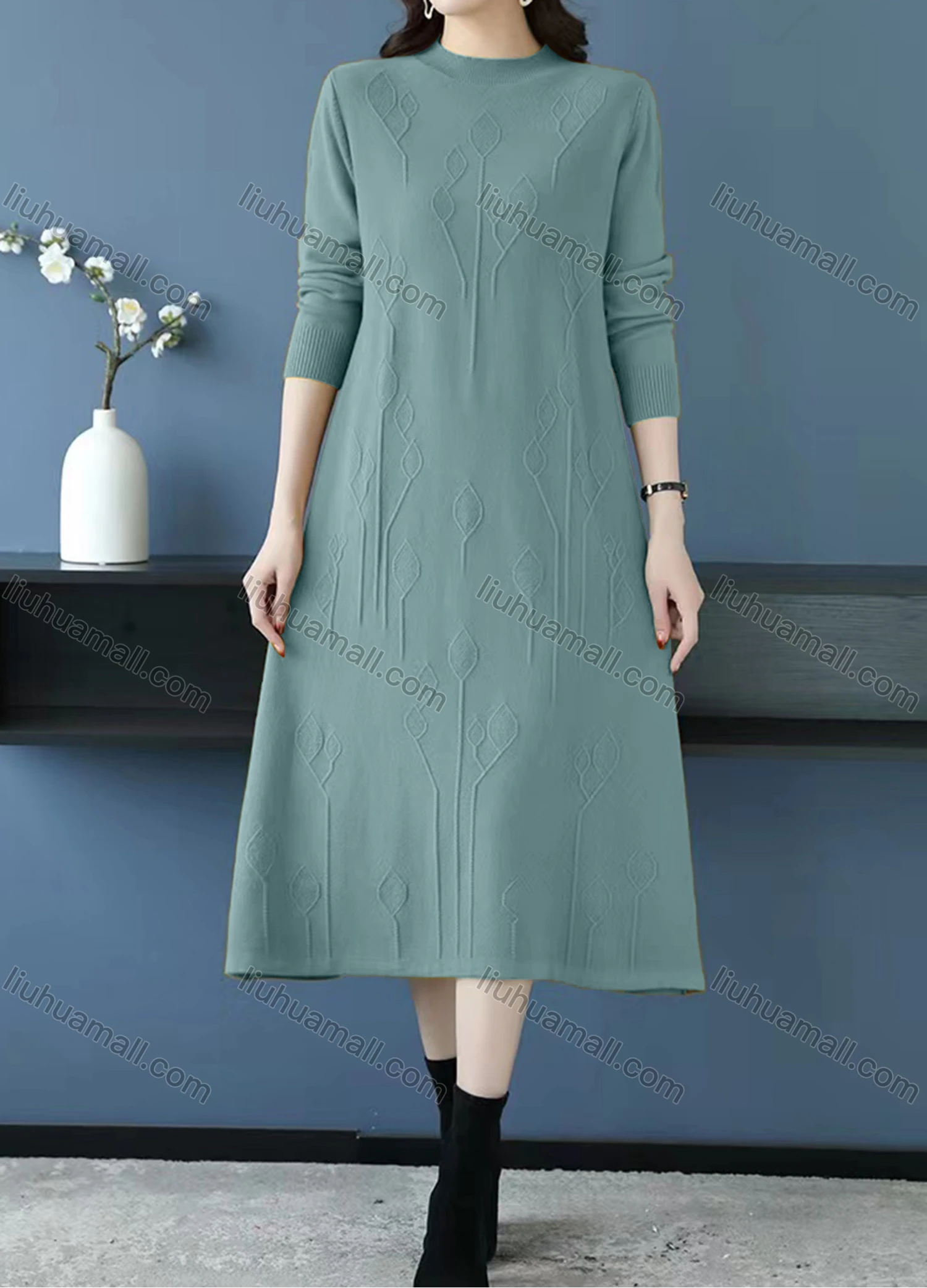 Wholesale Women's Casual Plain Mock Neck Long Sleeve Midi Sweater Dress - Liuhuamall