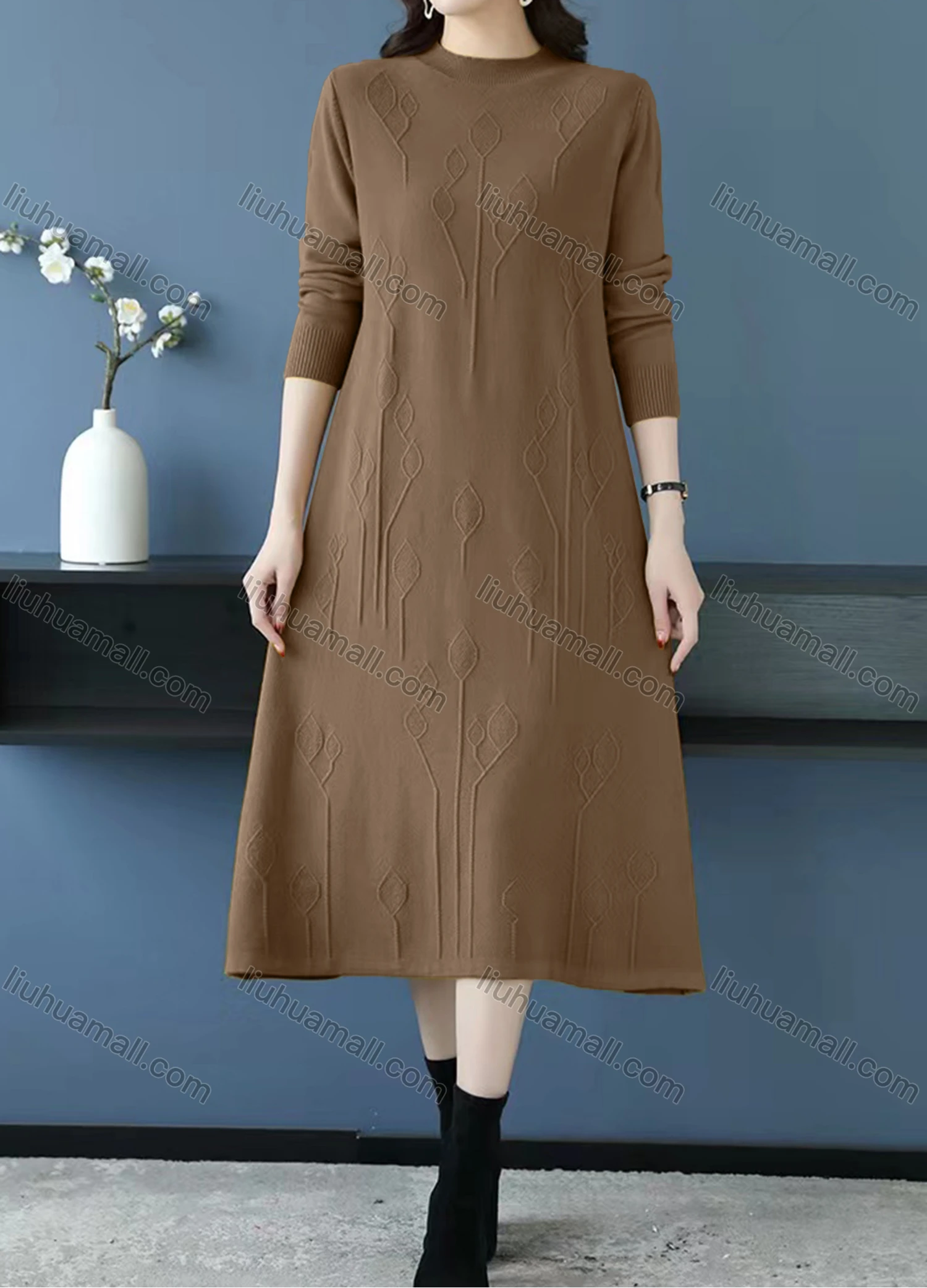 Wholesale Women's Casual Plain Mock Neck Long Sleeve Midi Sweater Dress - Liuhuamall
