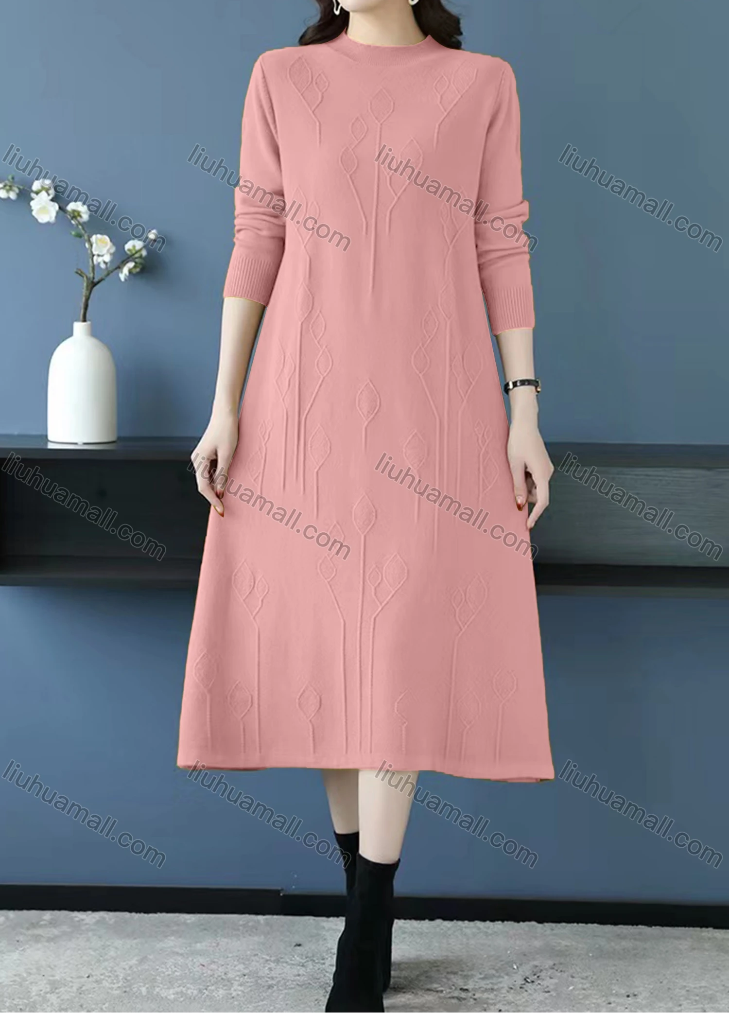 Wholesale Women's Casual Plain Mock Neck Long Sleeve Midi Sweater Dress - Liuhuamall