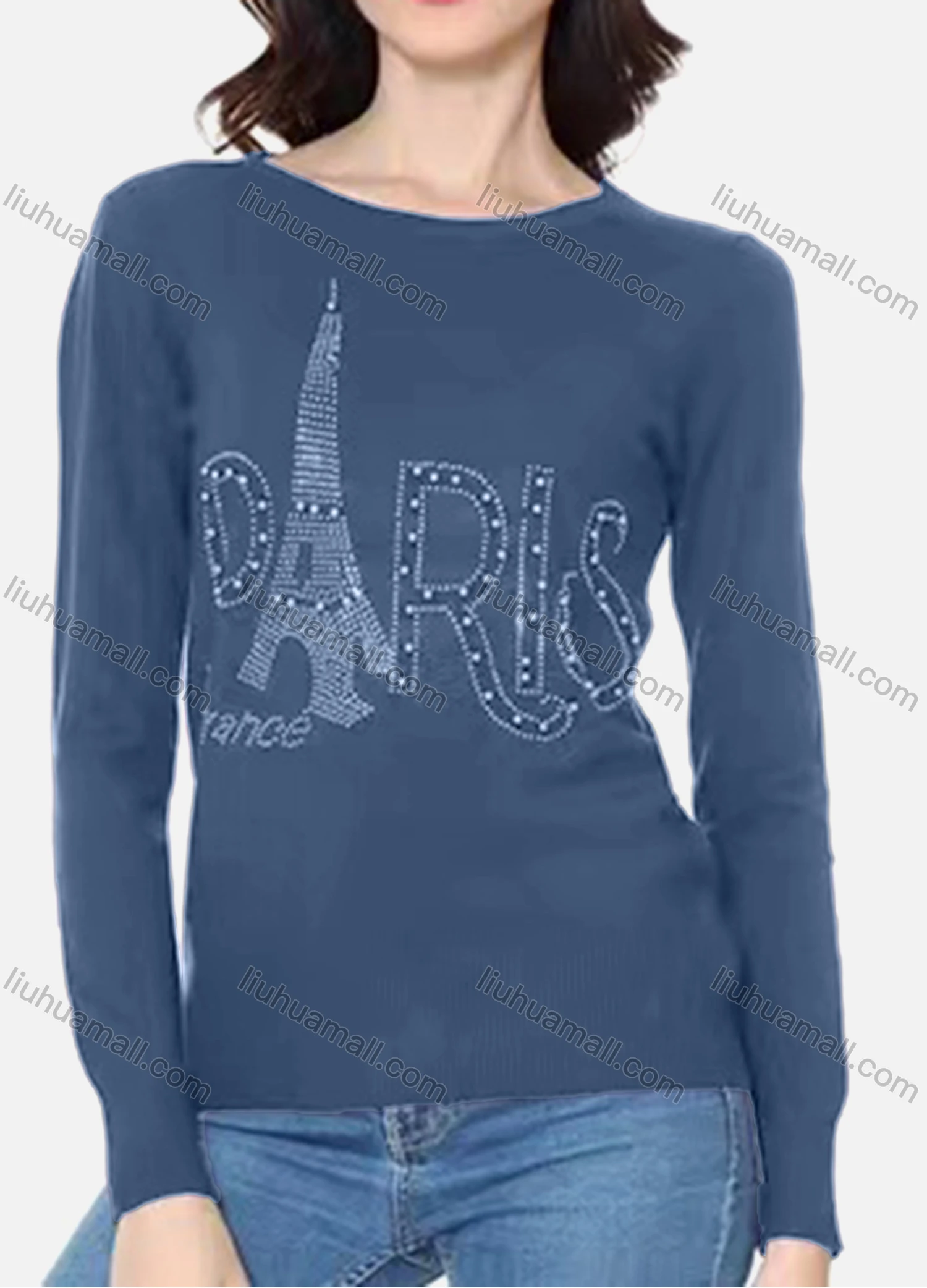 Wholesale Women's Casual Round Neck Long Sleeve Rhinestones Applique Tee - Liuhuamall