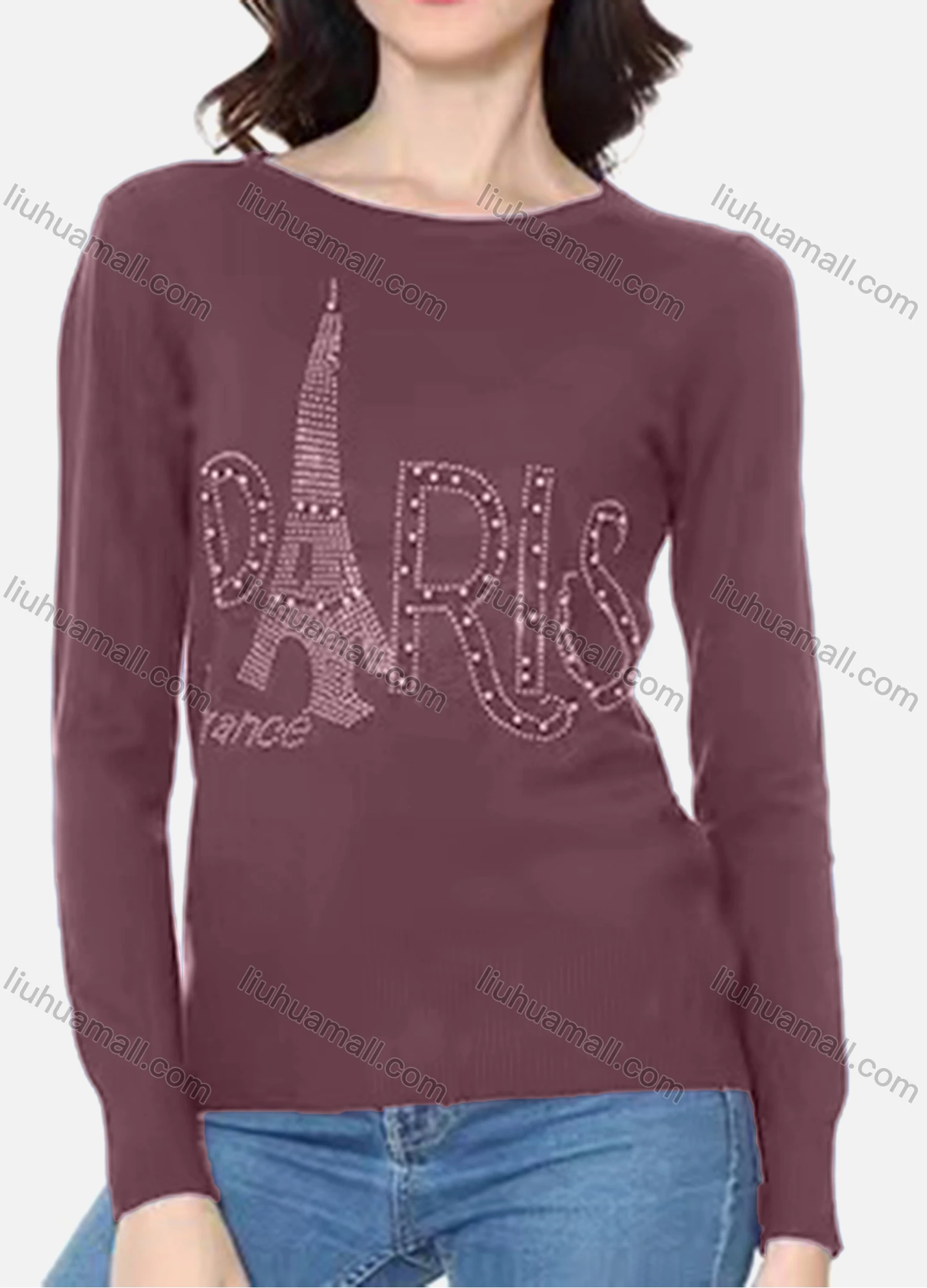 Wholesale Women's Casual Round Neck Long Sleeve Rhinestones Applique Tee - Liuhuamall