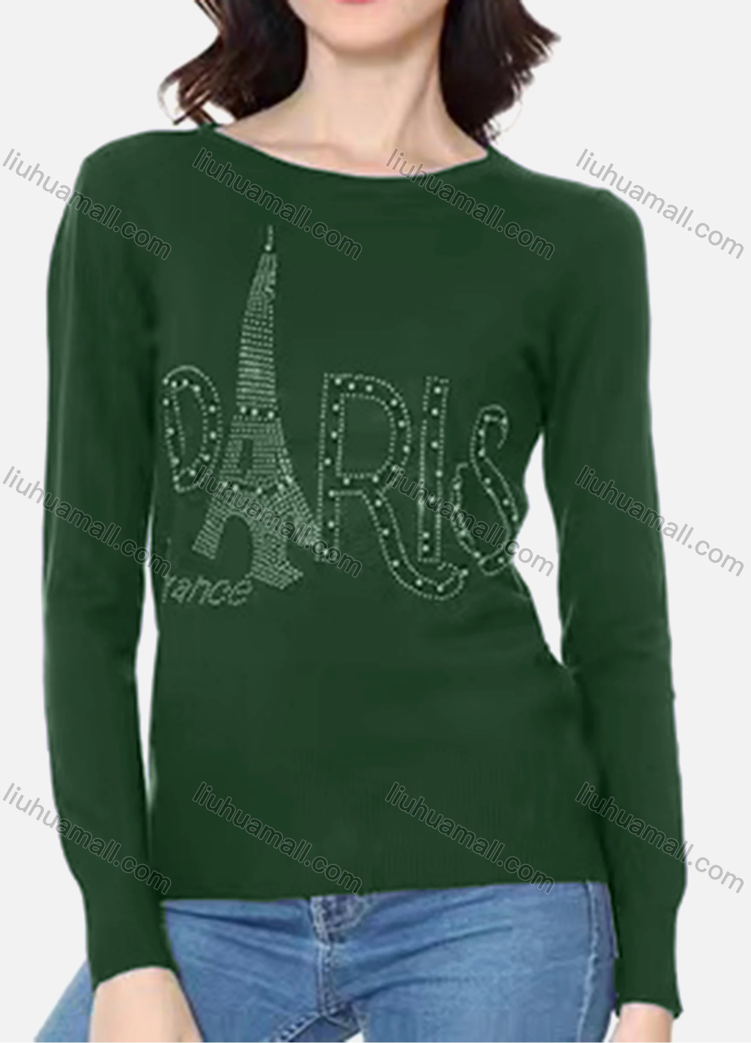 Wholesale Women's Casual Round Neck Long Sleeve Rhinestones Applique Tee - Liuhuamall