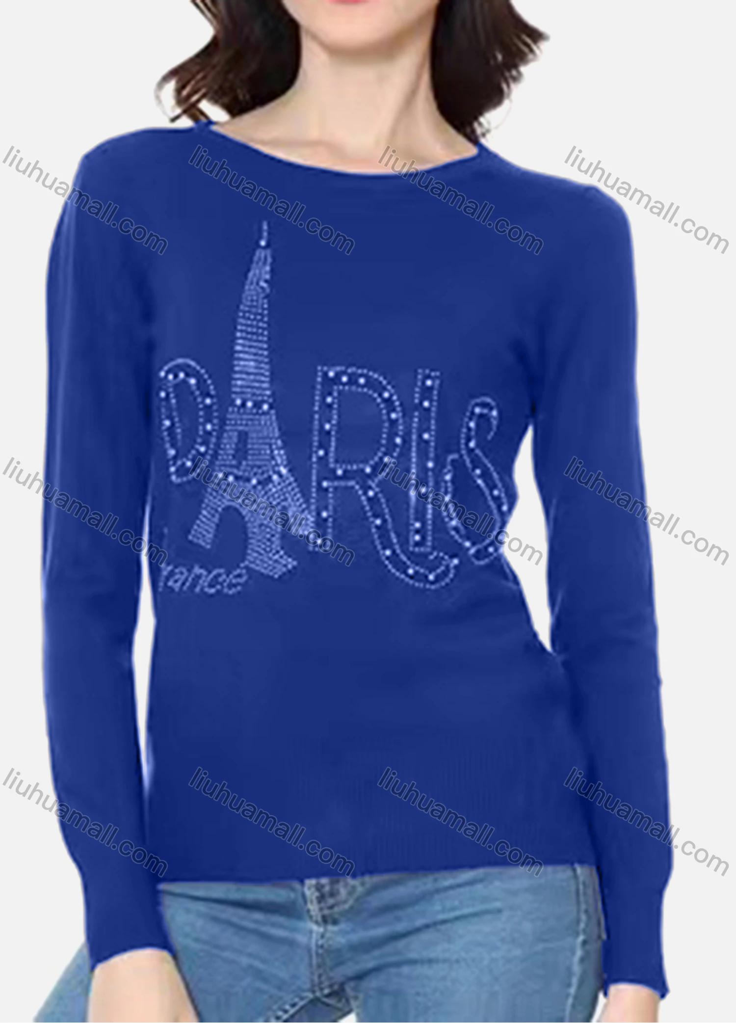 Wholesale Women's Casual Round Neck Long Sleeve Rhinestones Applique Tee - Liuhuamall