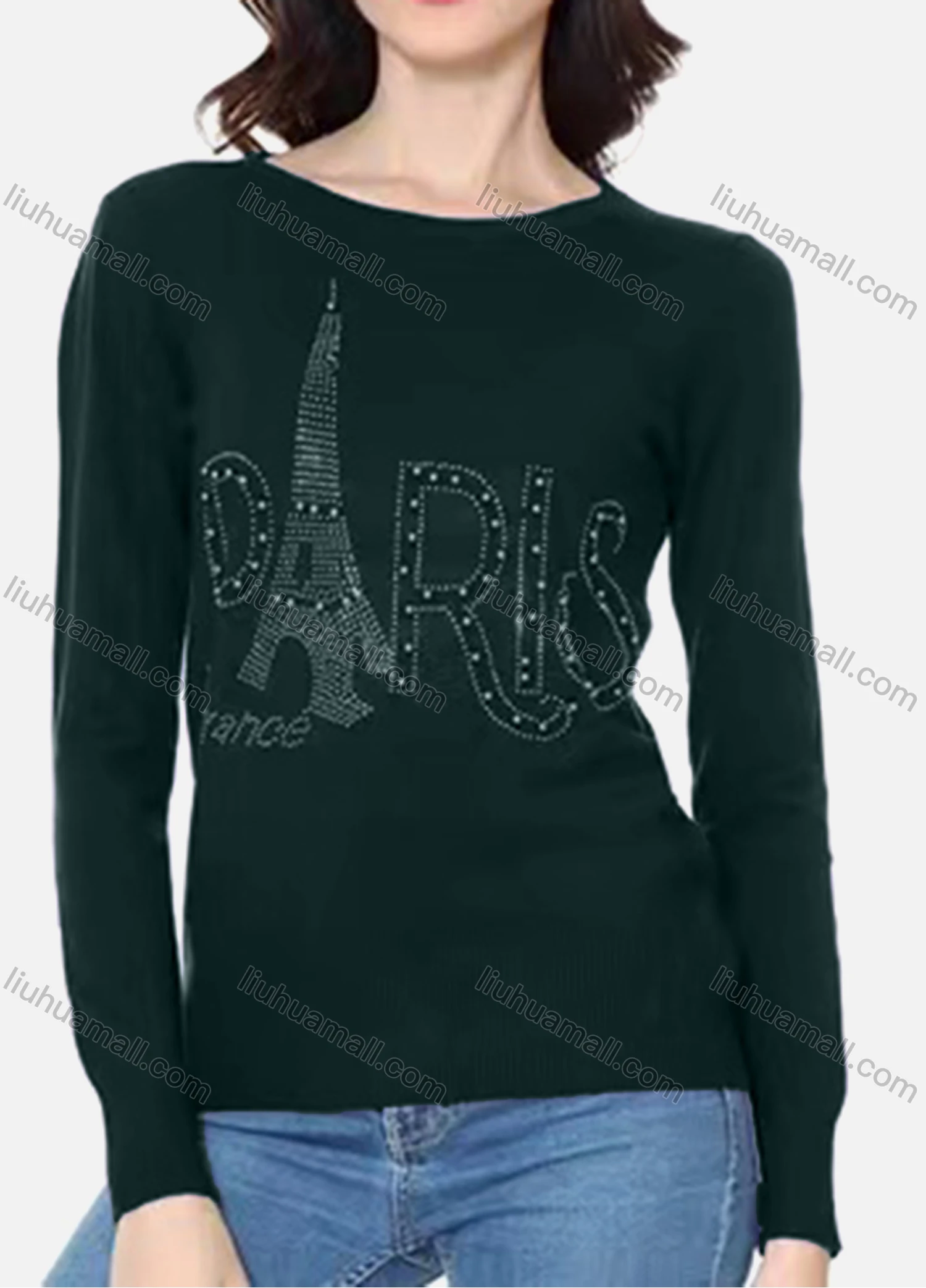 Wholesale Women's Casual Round Neck Long Sleeve Rhinestones Applique Tee - Liuhuamall