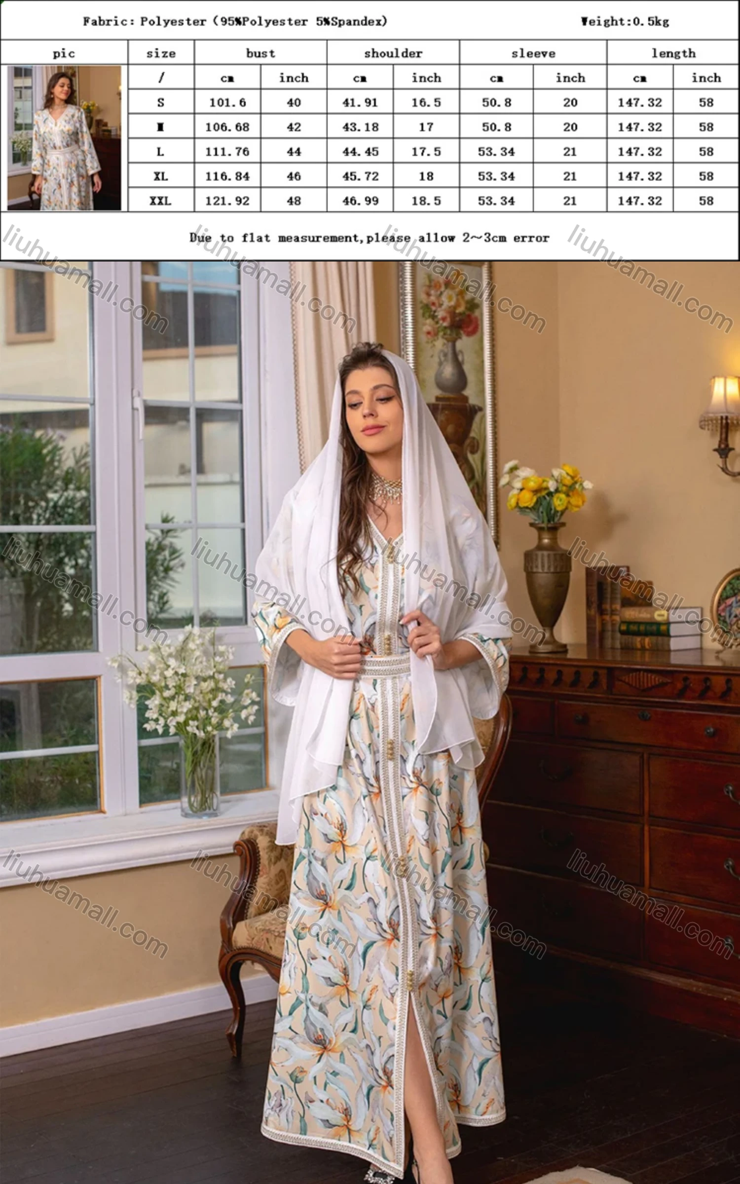 Wholesale Women's Muslim Islamic Splicing Embroidered Button Decor Split Front Floral Maxi Abaya Dress With Scarf AB275# - Liuhuamall