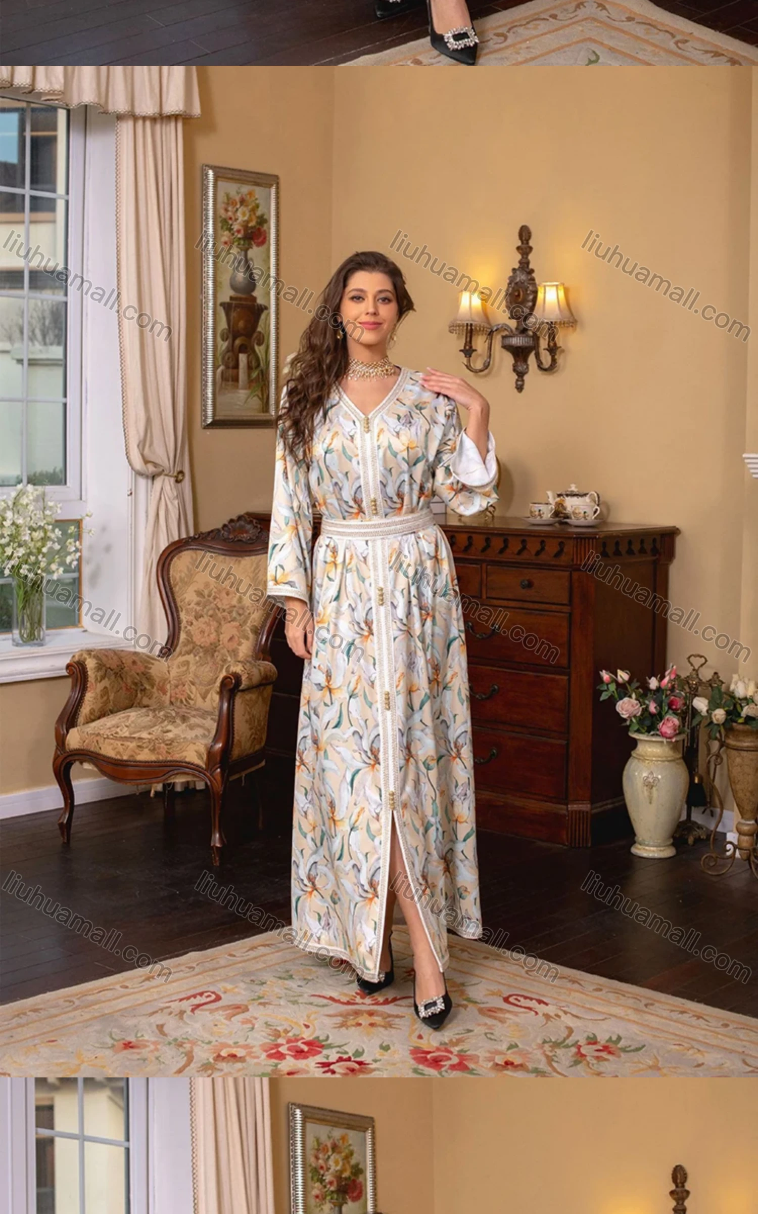 Wholesale Women's Muslim Islamic Splicing Embroidered Button Decor Split Front Floral Maxi Abaya Dress With Scarf AB275# - Liuhuamall