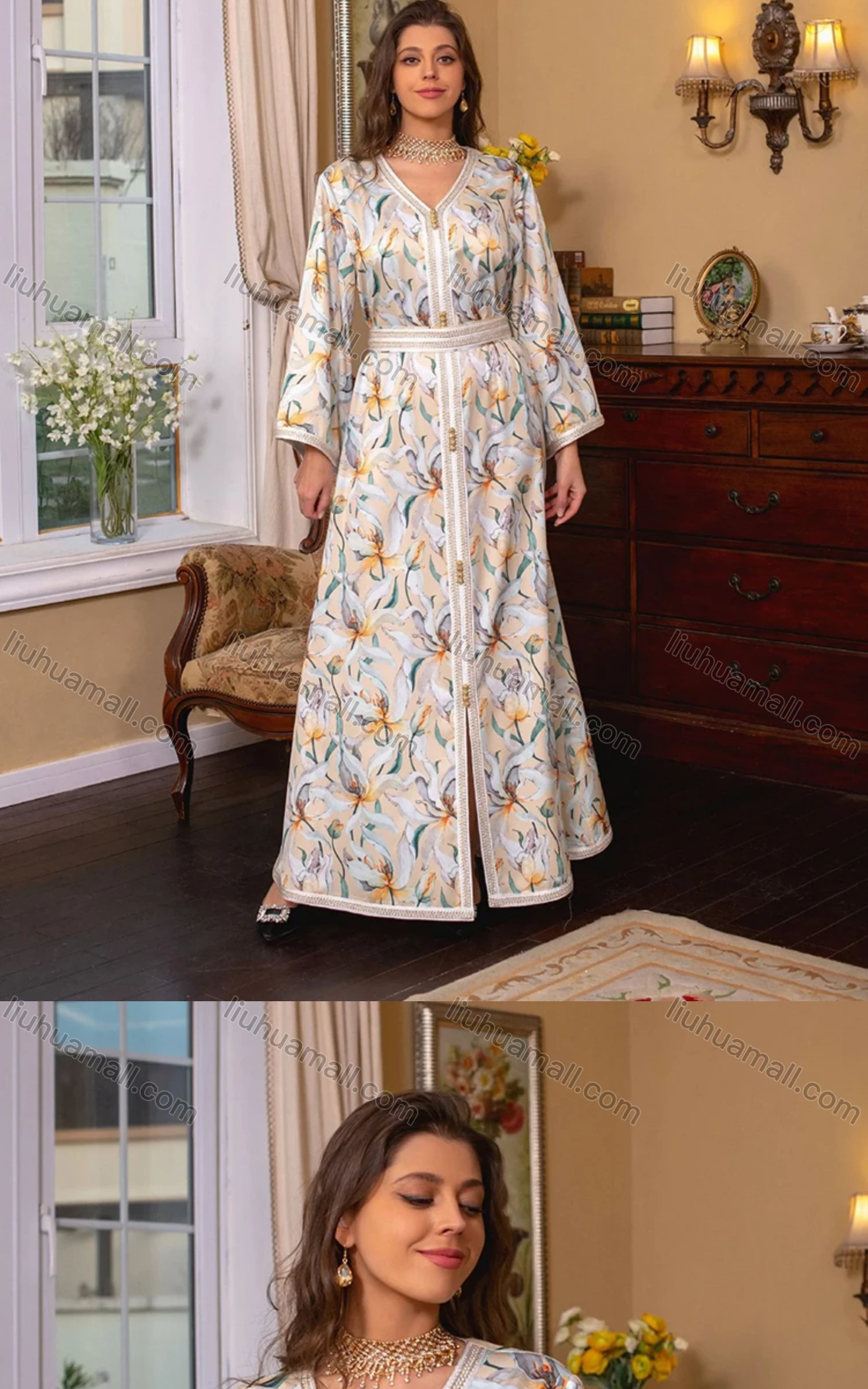 Wholesale Women's Muslim Islamic Splicing Embroidered Button Decor Split Front Floral Maxi Abaya Dress With Scarf AB275# - Liuhuamall