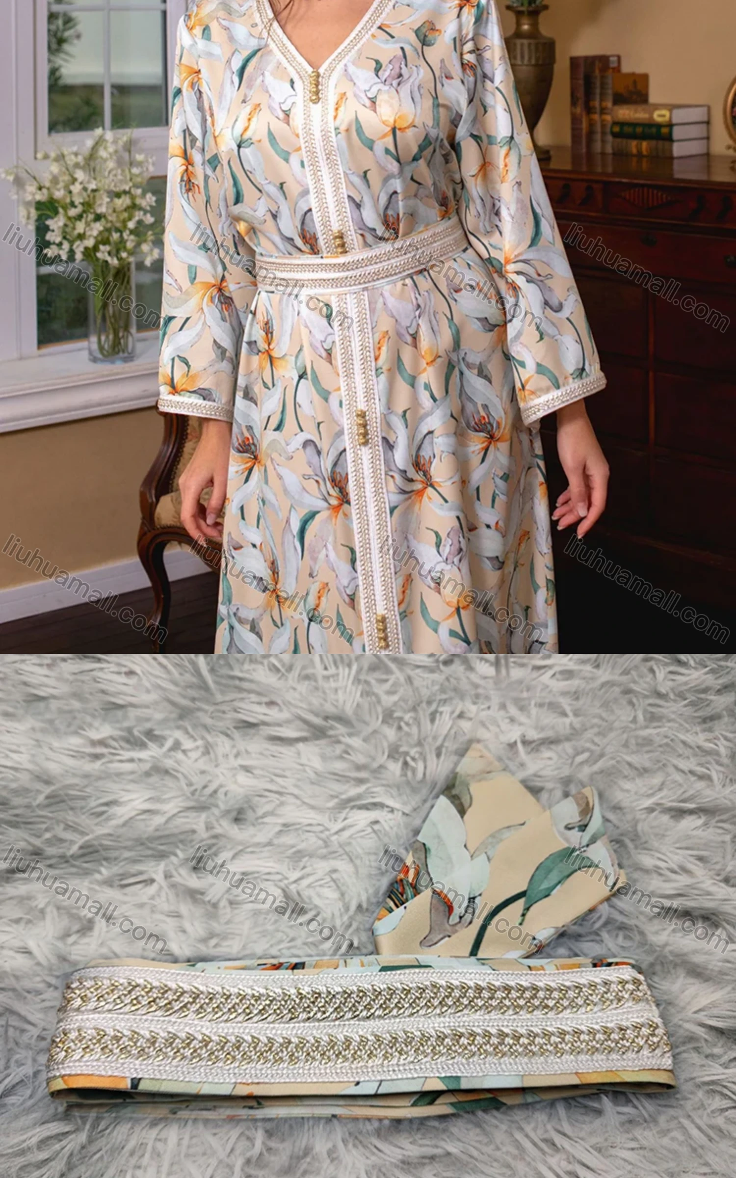 Wholesale Women's Muslim Islamic Splicing Embroidered Button Decor Split Front Floral Maxi Abaya Dress With Scarf AB275# - Liuhuamall