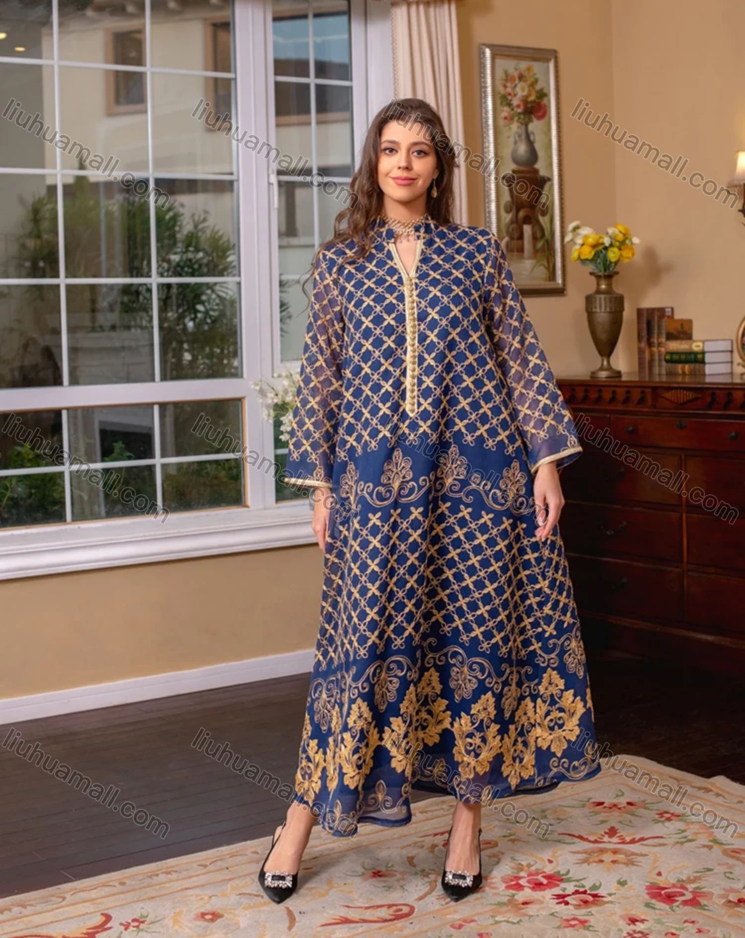 Wholesale Women's Muslim Islamic Splicing Embroidered Floral Maxi Abaya Dress With Scarf AB276# - Liuhuamall