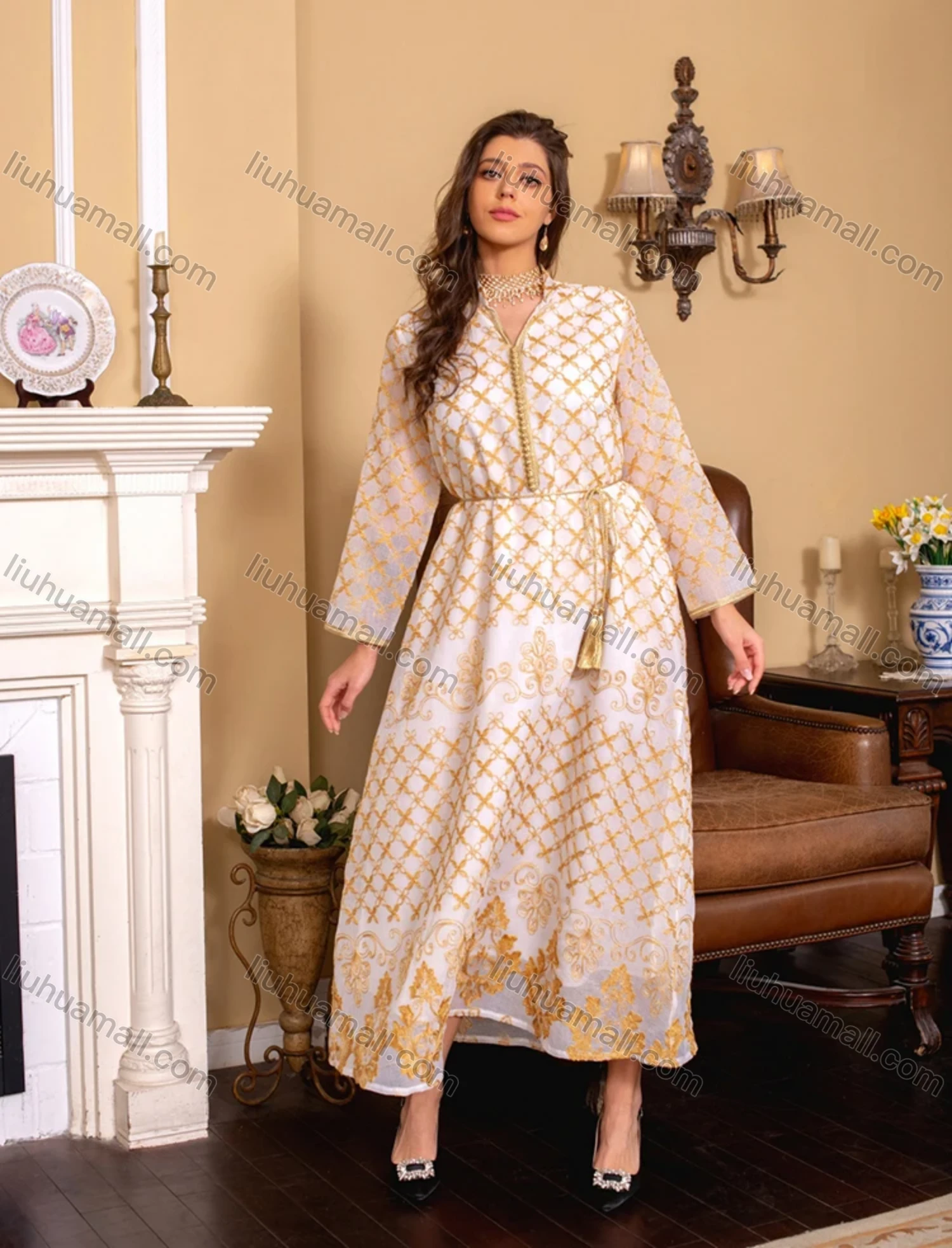 Wholesale Women's Muslim Islamic Splicing Embroidered Floral Maxi Abaya Dress With Scarf AB276# - Liuhuamall